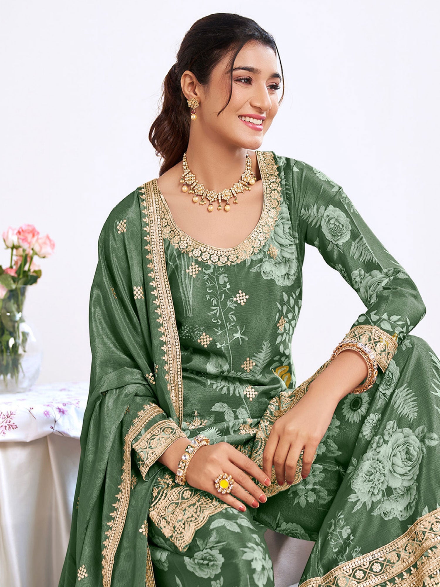 Green Zari Augmented Palazzo Style Salwar Kameez