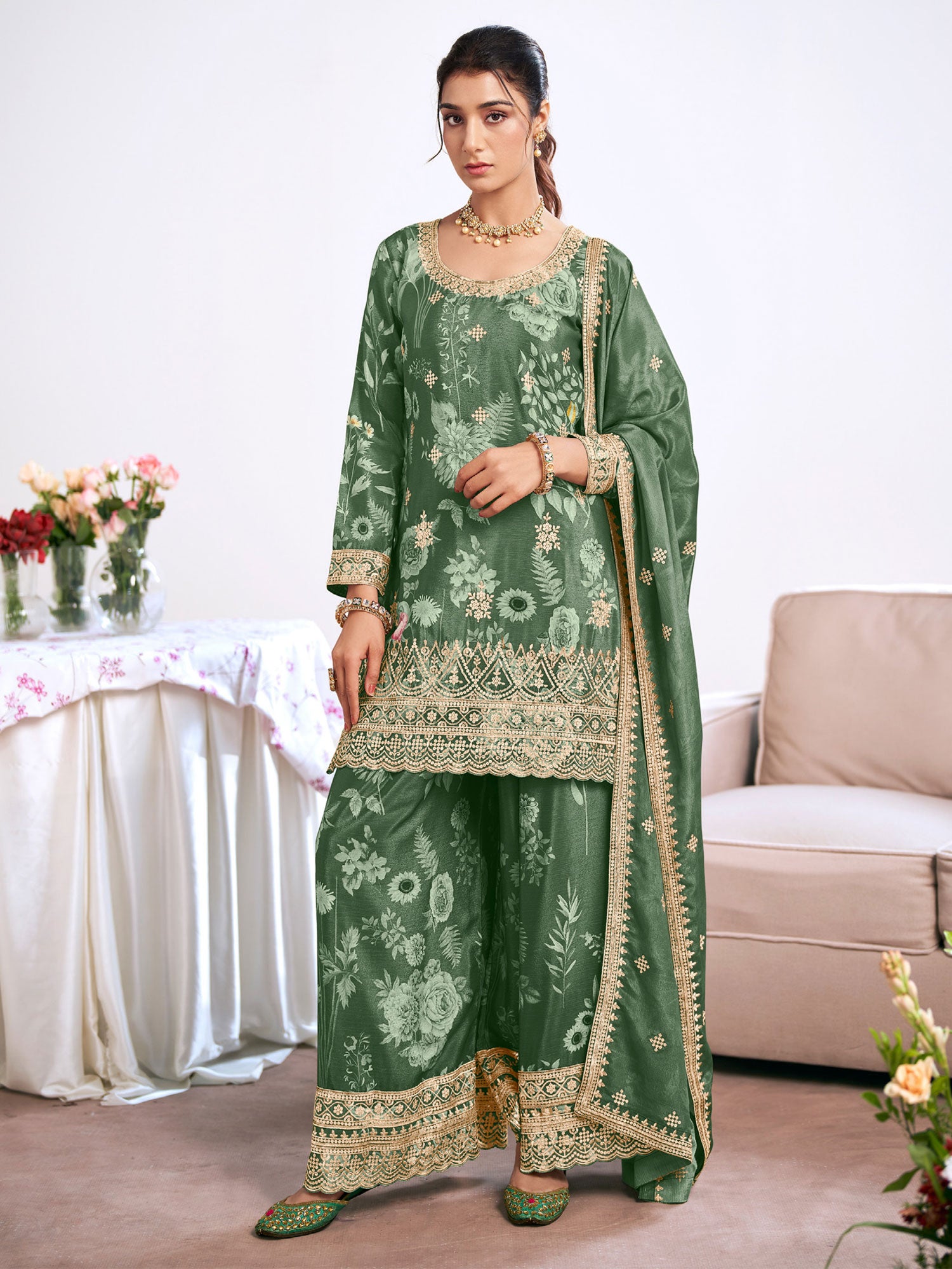 Green Zari Augmented Palazzo Style Salwar Kameez