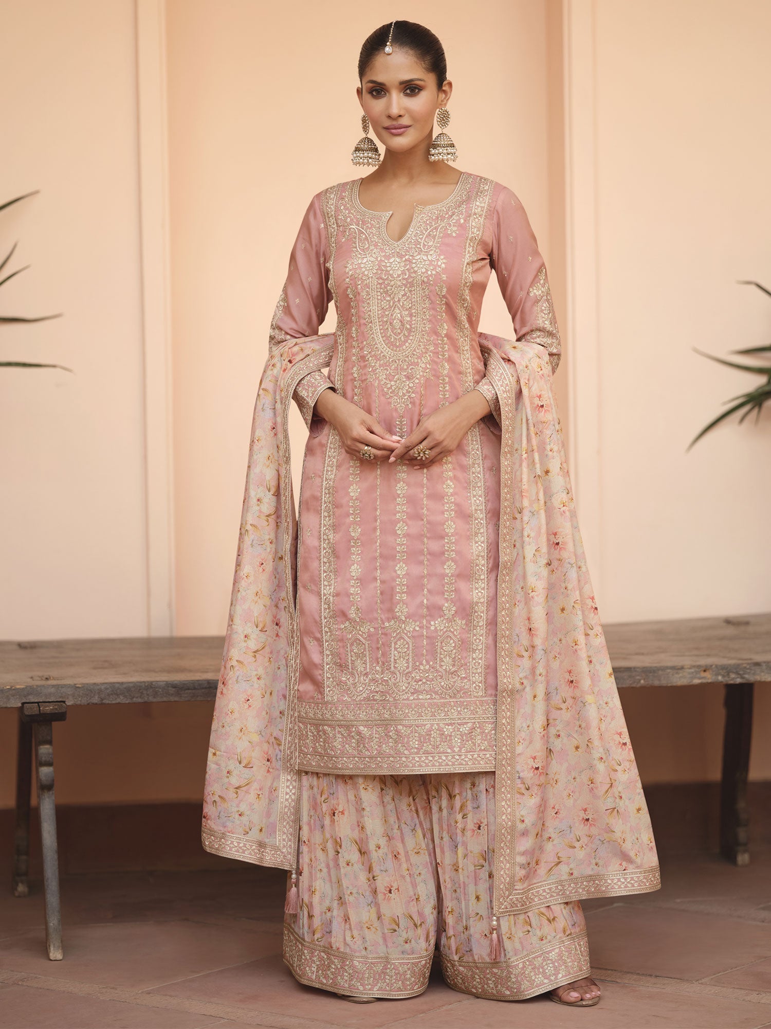 Pastel Pink Sharara Suit With Long Straight Kameez