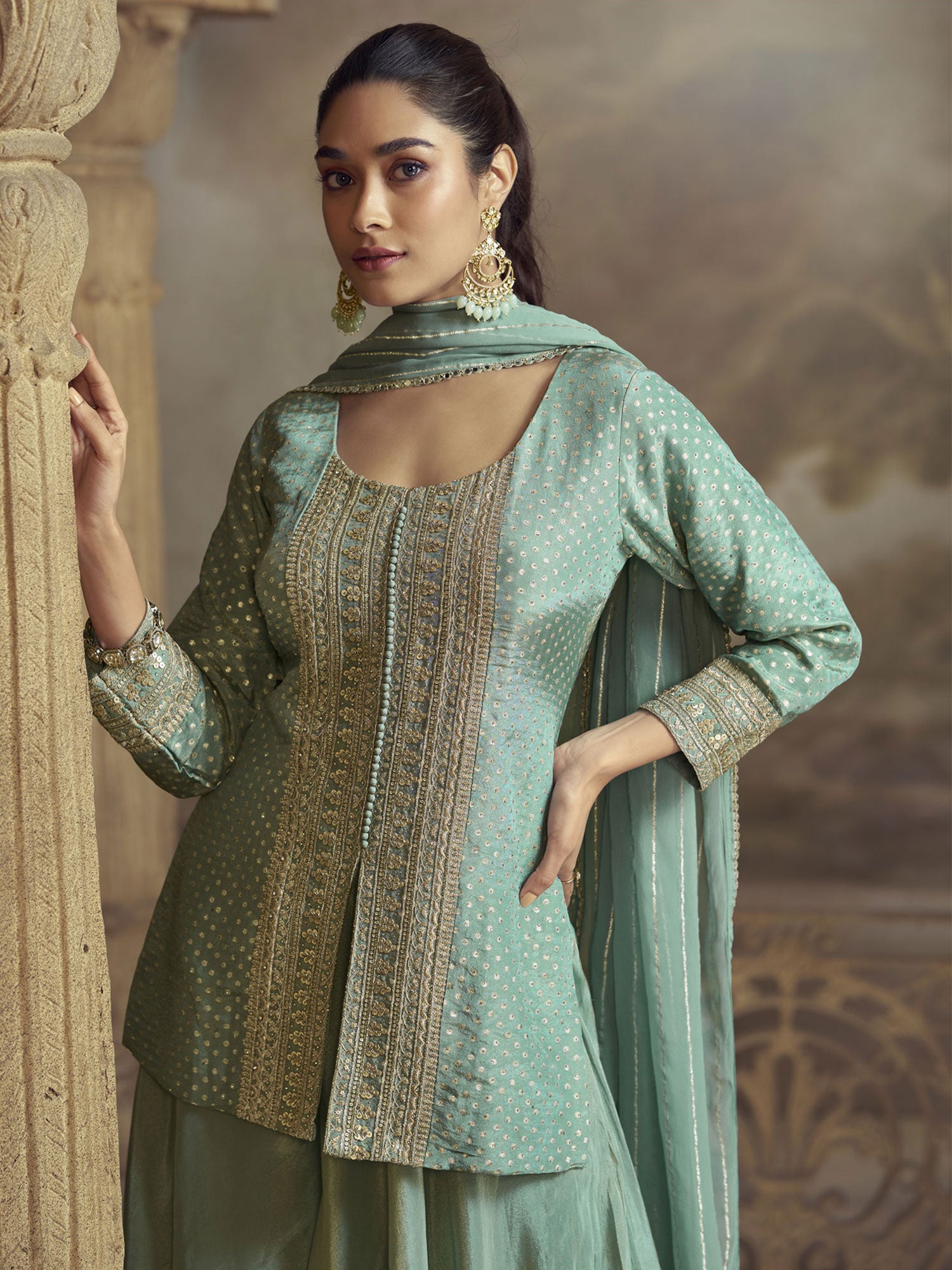 Blue Stone Embellished Sharara Style Salwar Suit