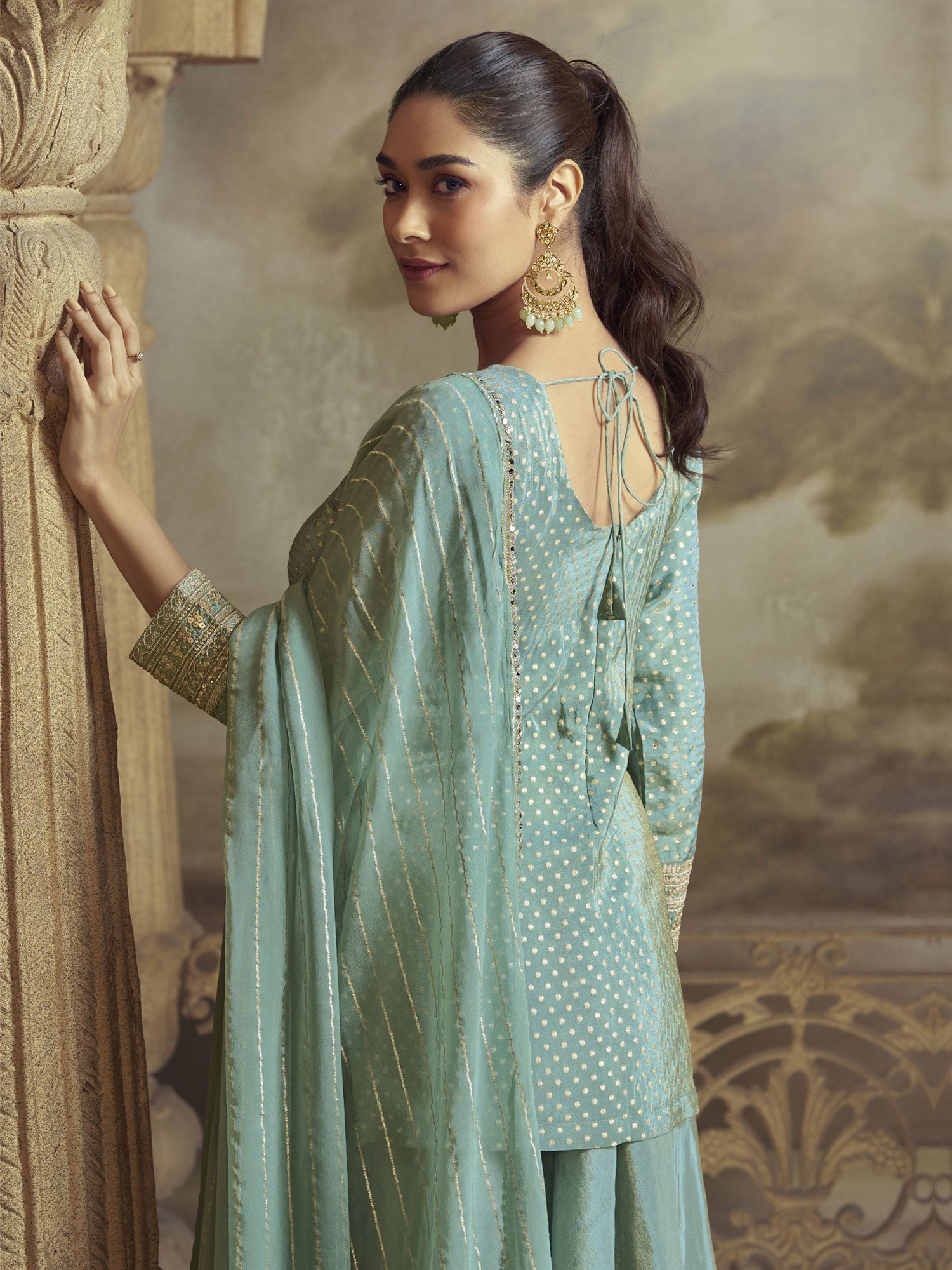Blue Stone Embellished Sharara Style Salwar Suit