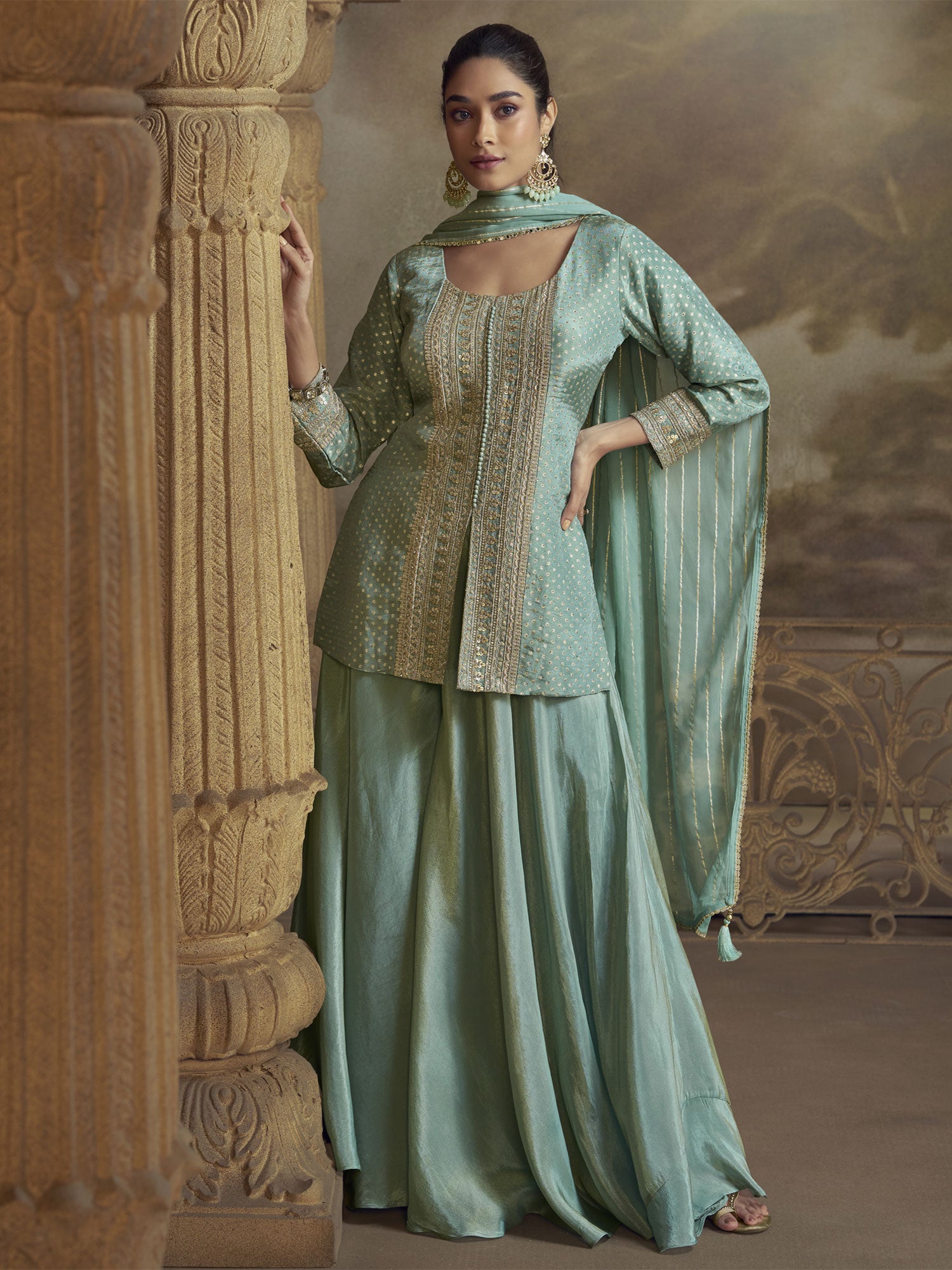 Blue Stone Embellished Sharara Style Salwar Suit