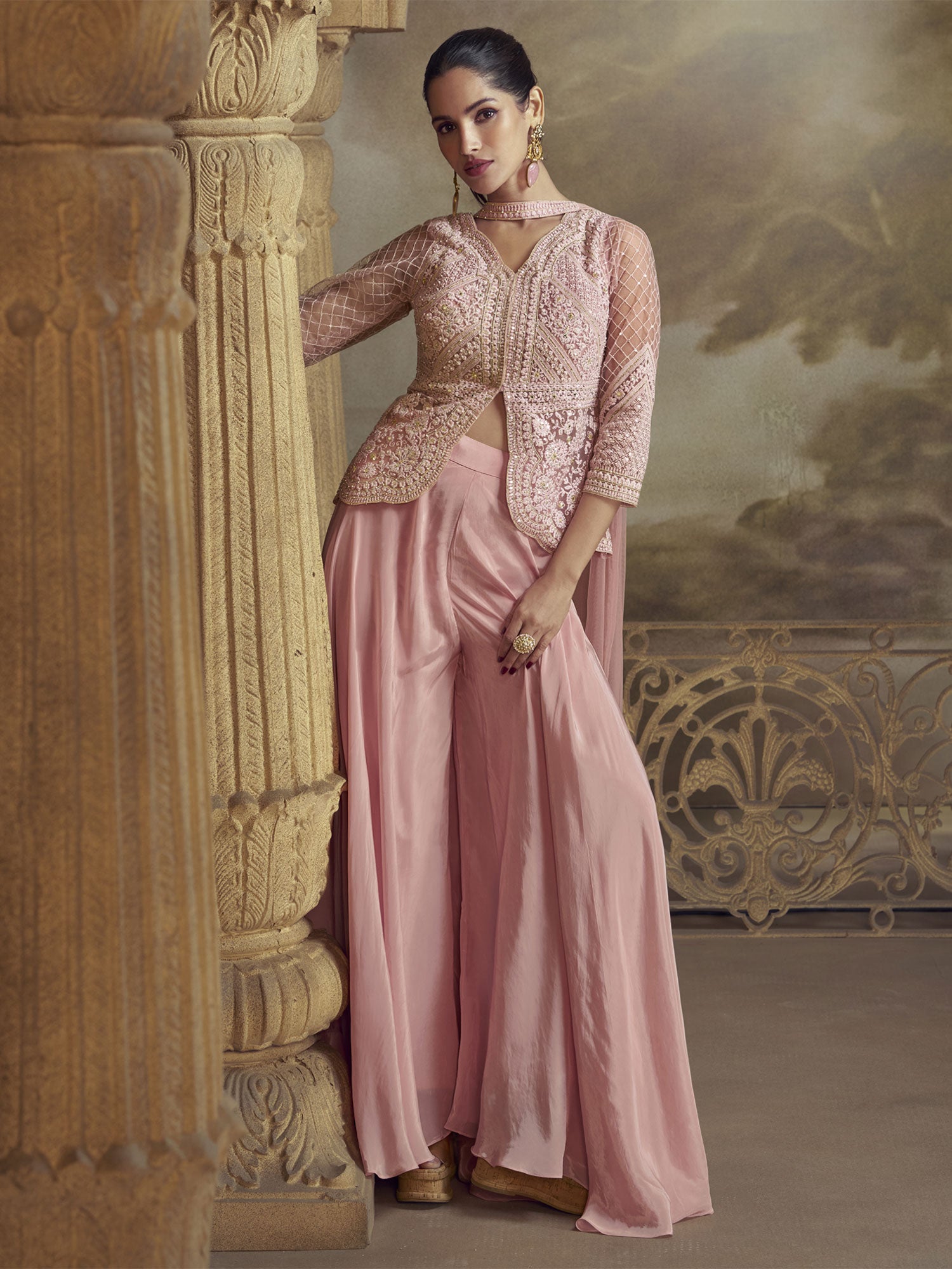 Pink Net Salwar Suit With Flare Style Kameez