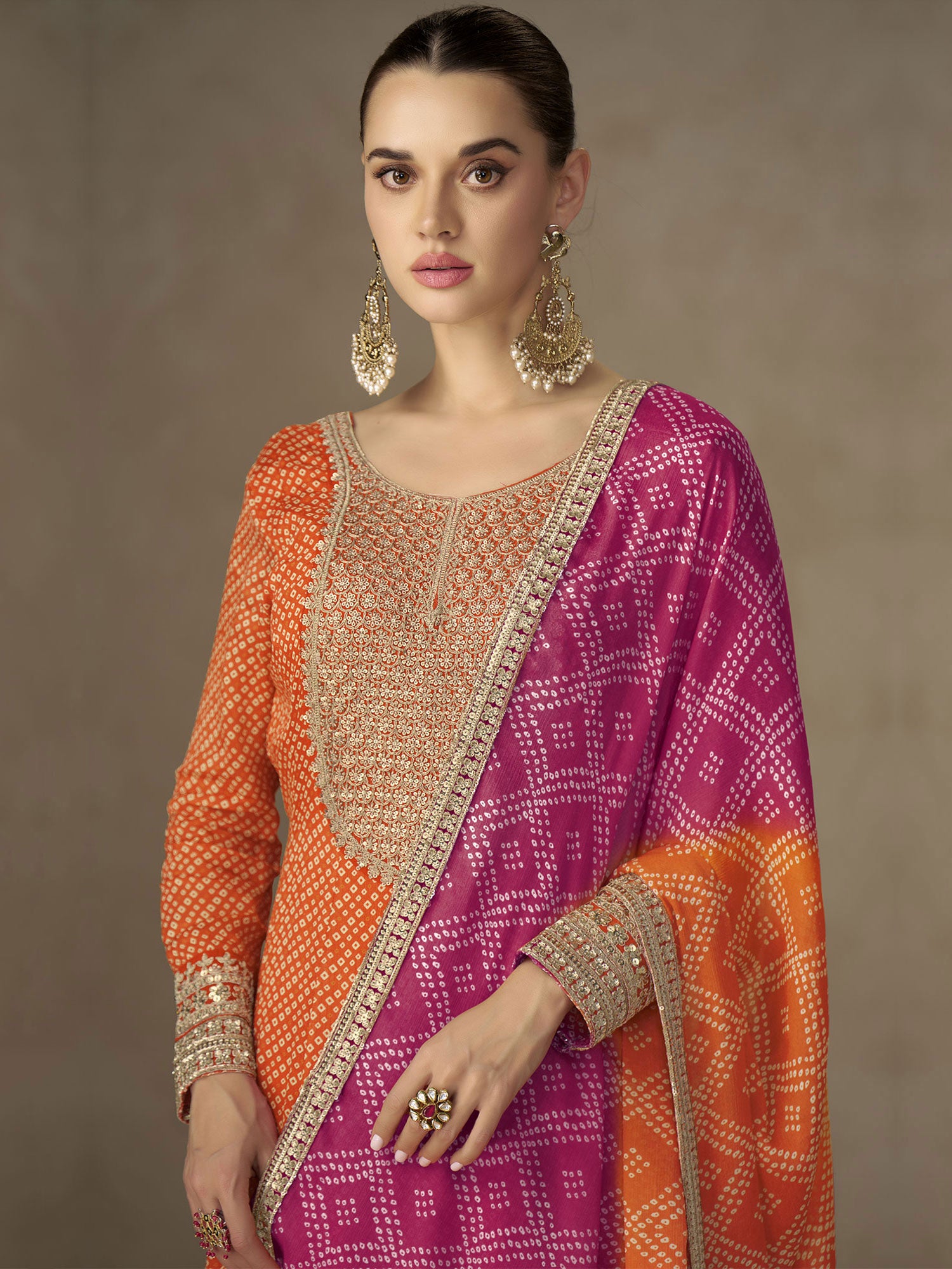 Orange Bandhani Printed Anarkali Style Suit Set