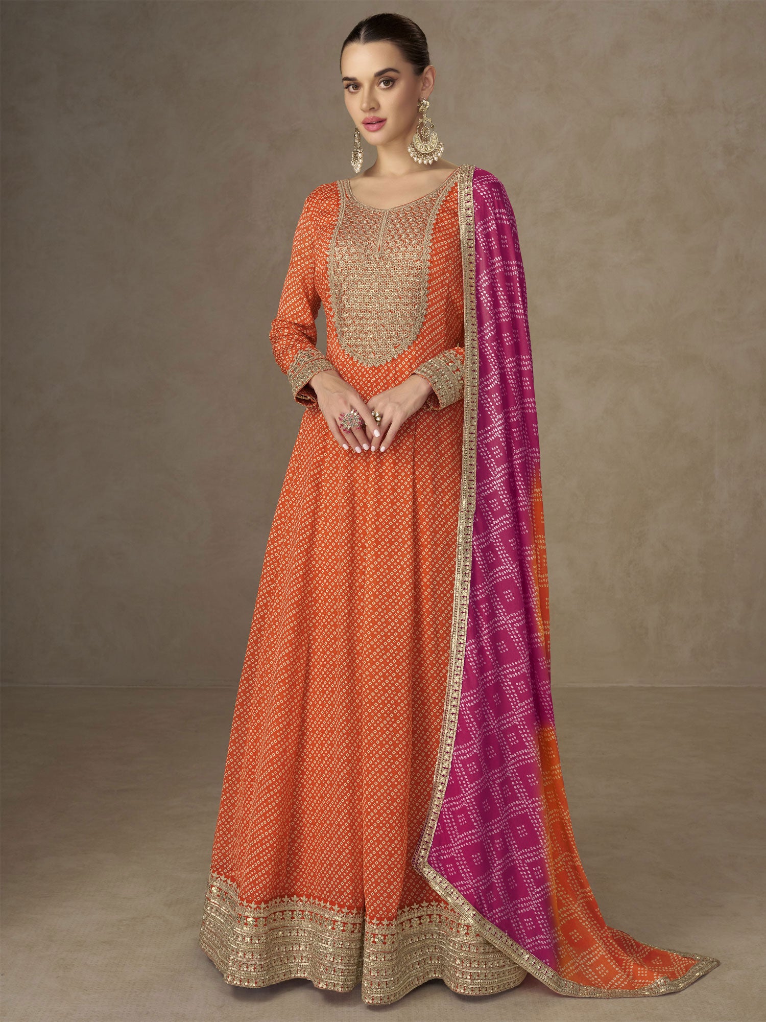 Orange Bandhani Printed Anarkali Style Suit Set