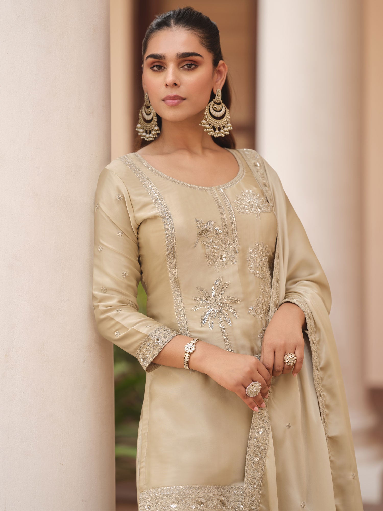 Beige Pakistani Style Sharara Suit With Dupatta