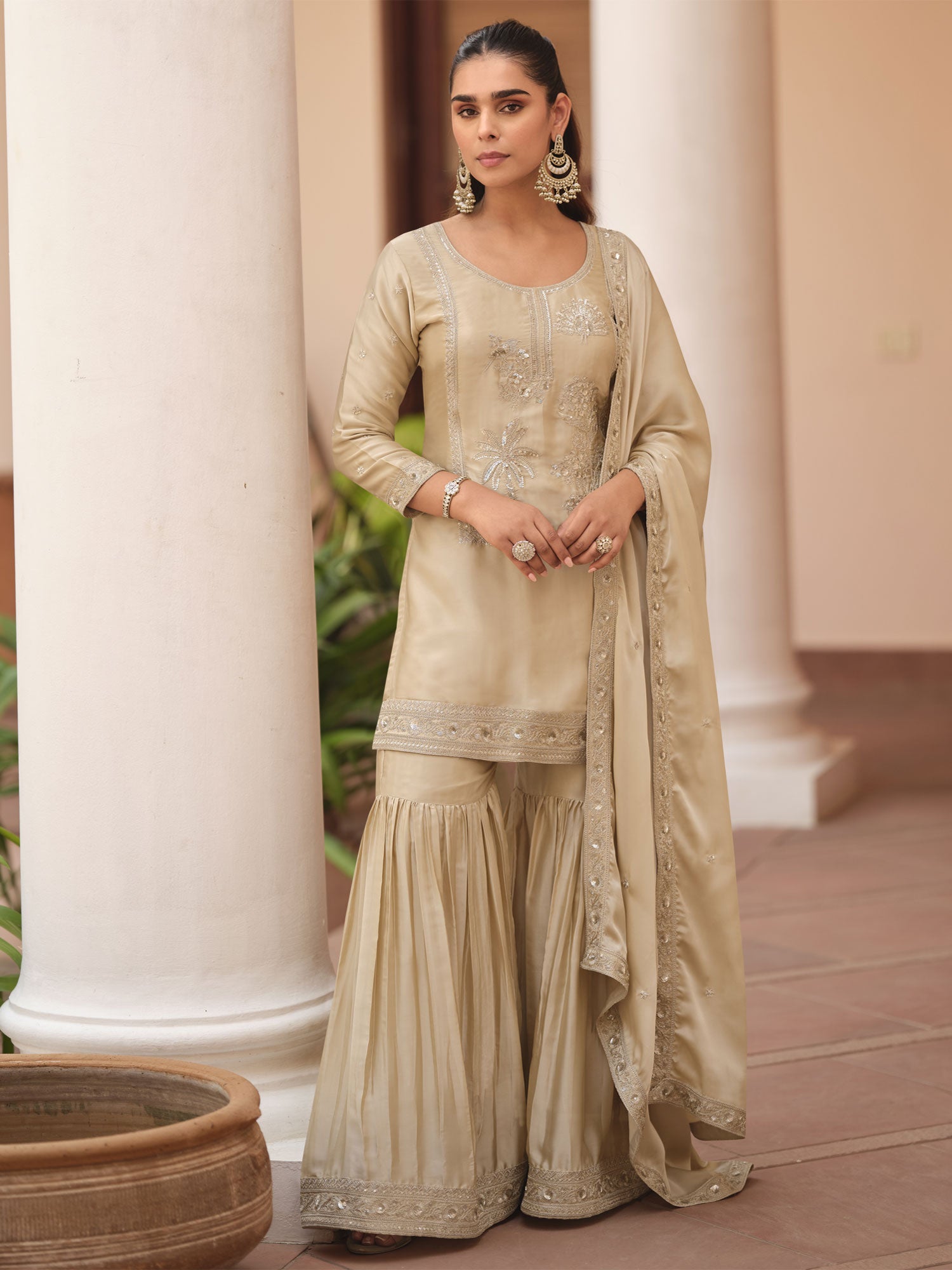 Beige Pakistani Style Sharara Suit With Dupatta