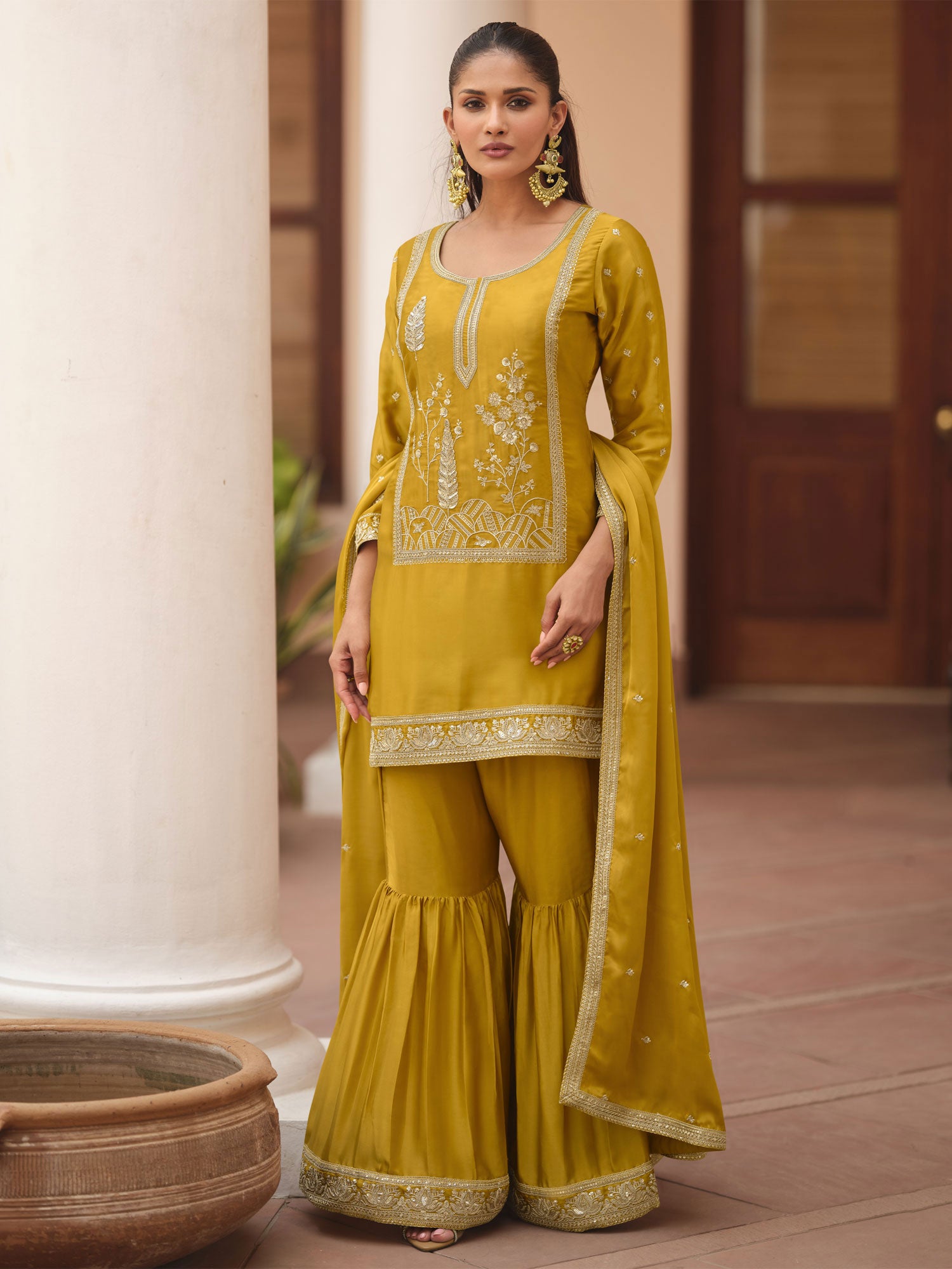 Yellow Festive Wear Salwar Suit In Sharara Style