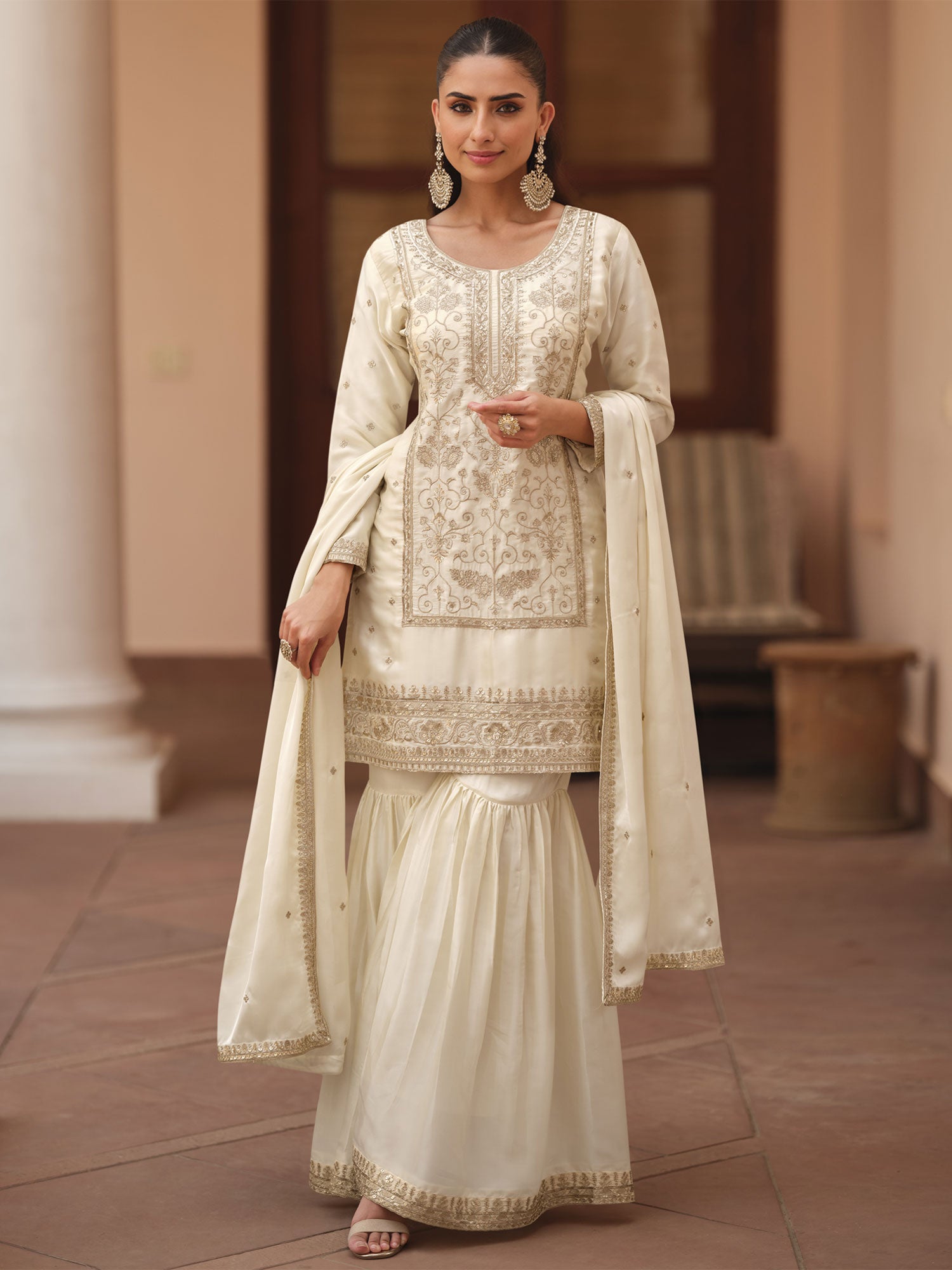 Off White Embroidered Sharara Style Suit In Silk