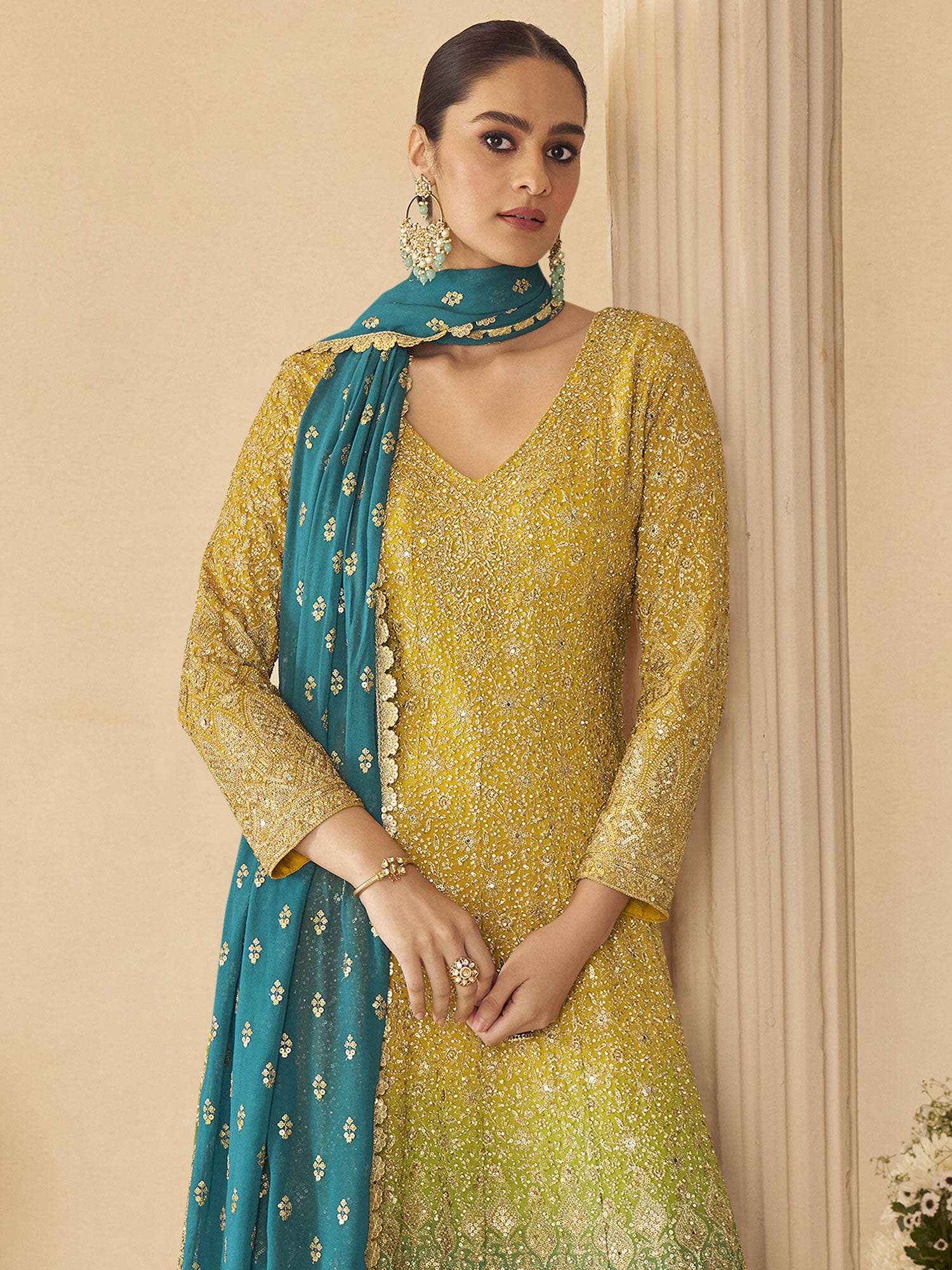 Yellow And Green Shaded Sharara Style Salwar Suit