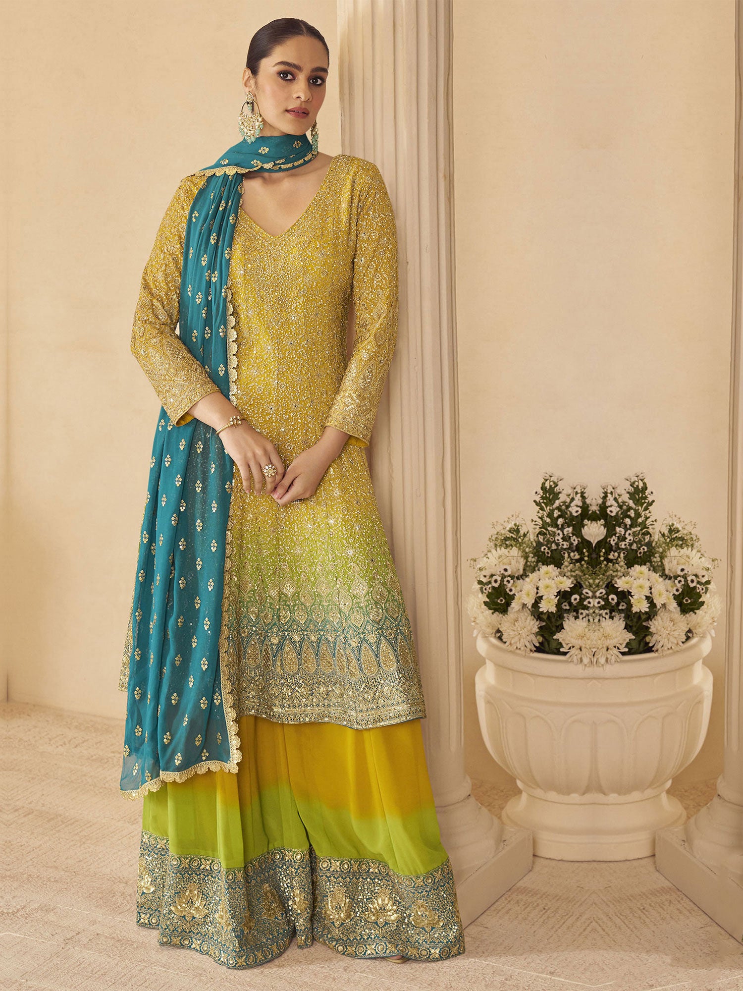 Yellow And Green Shaded Sharara Style Salwar Suit