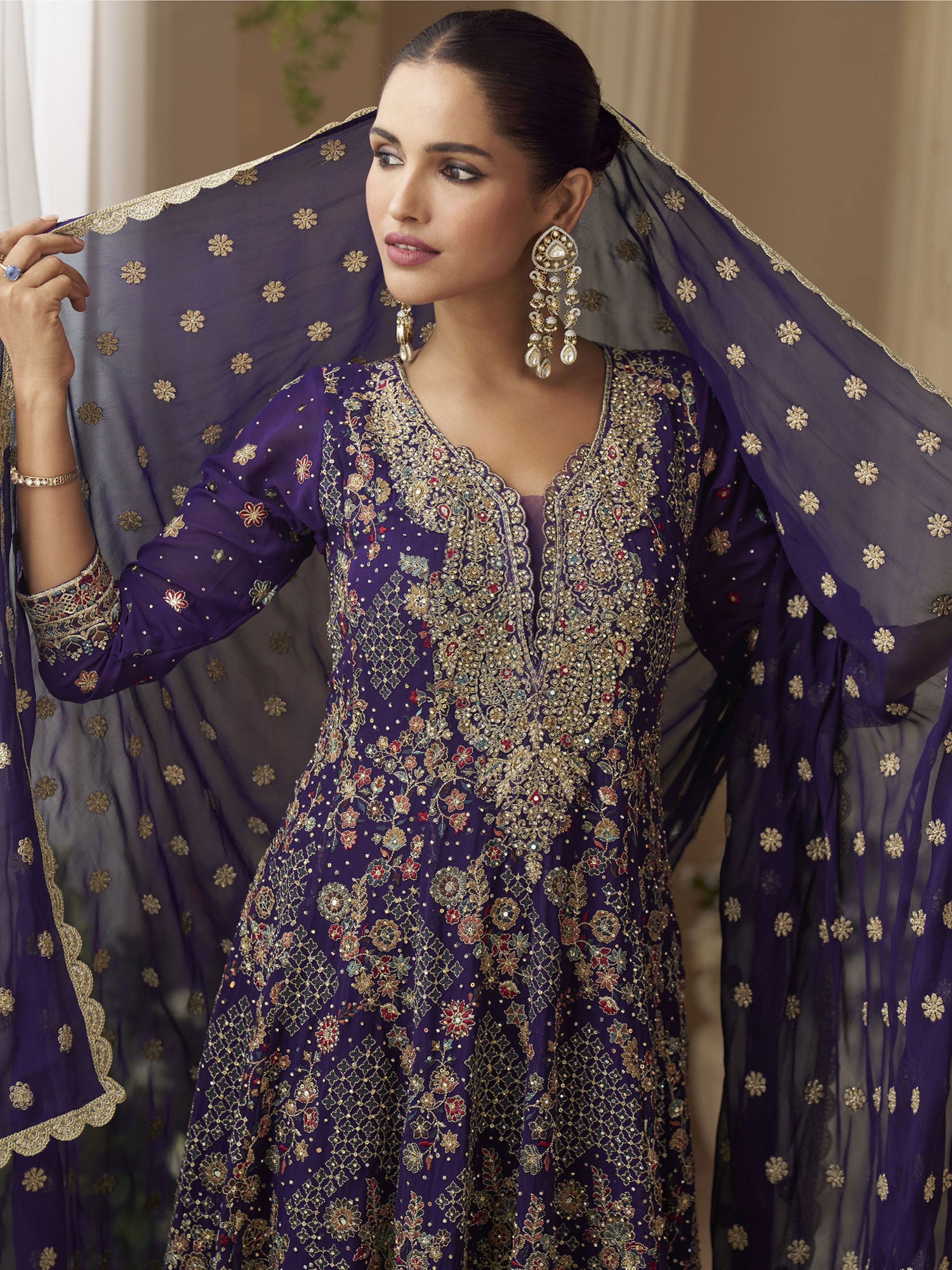 Purple Embroidered Sharara Suit With Long Kameez
