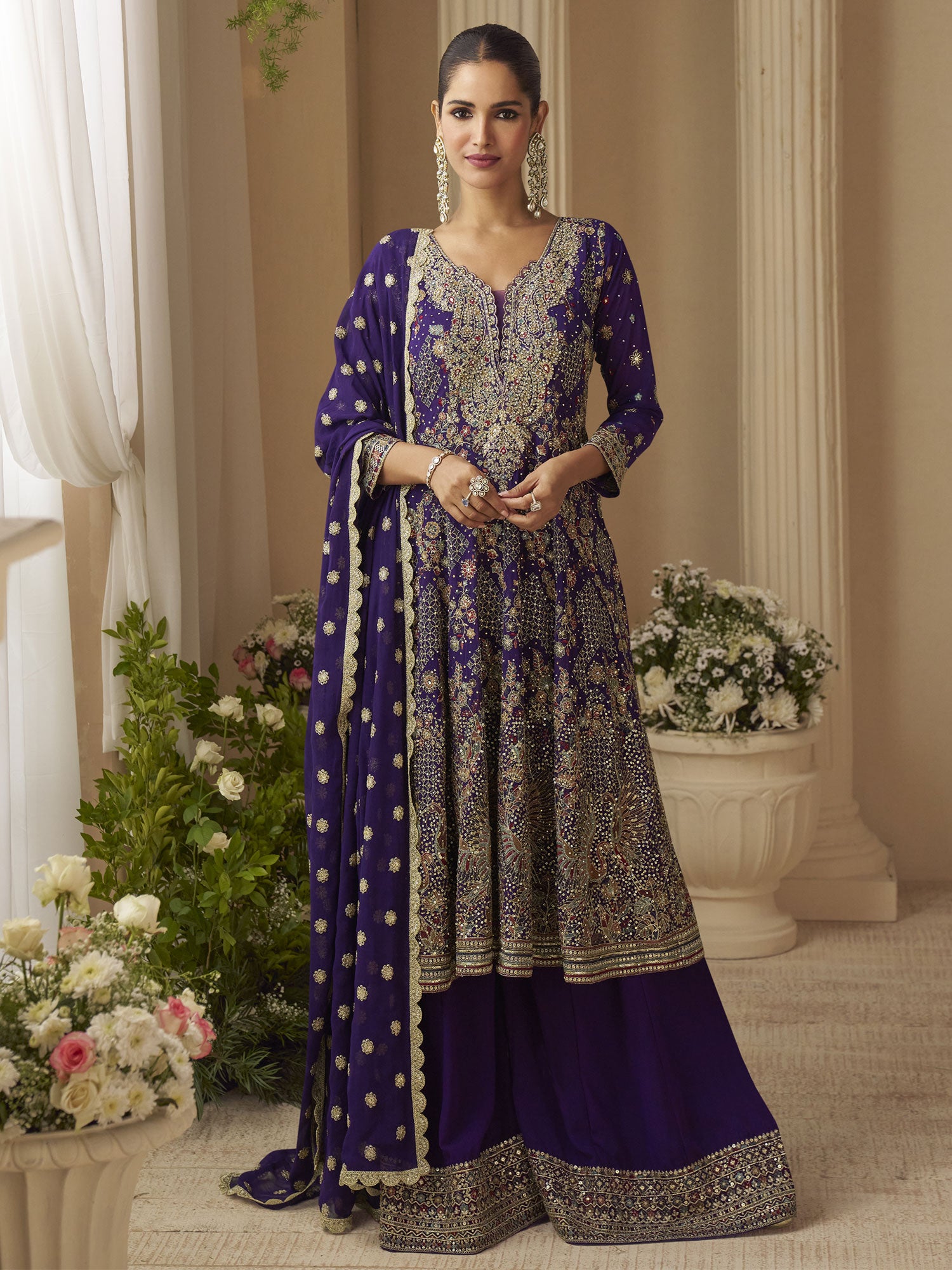 Purple Embroidered Sharara Suit With Long Kameez