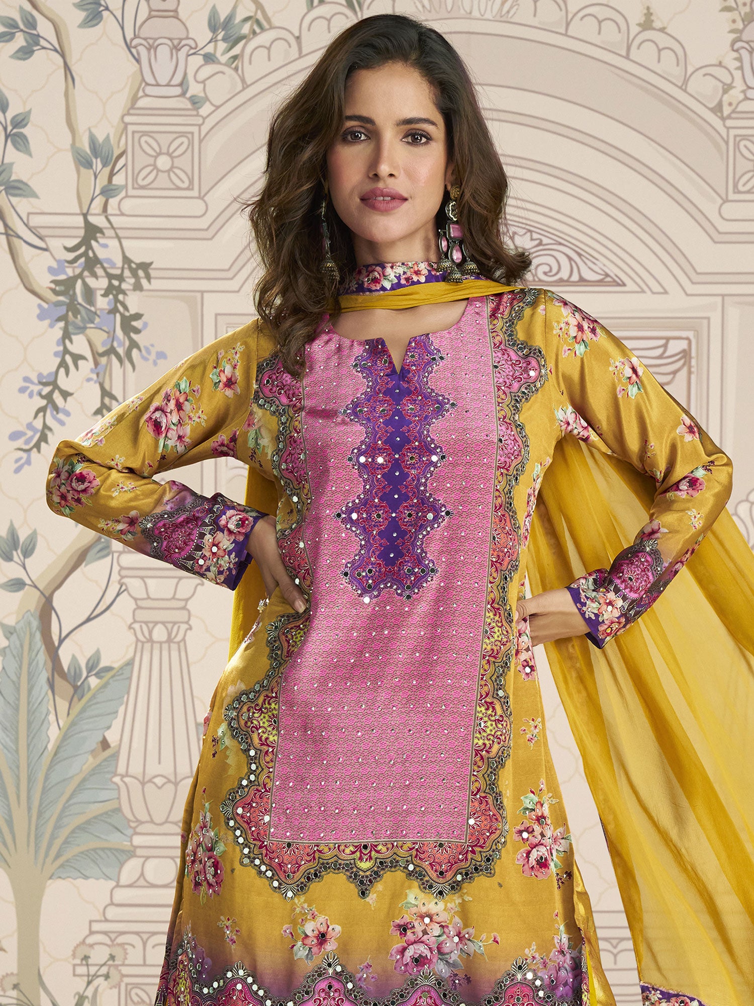 Yellow Mirror Work Sharara Style Salwar Kameez