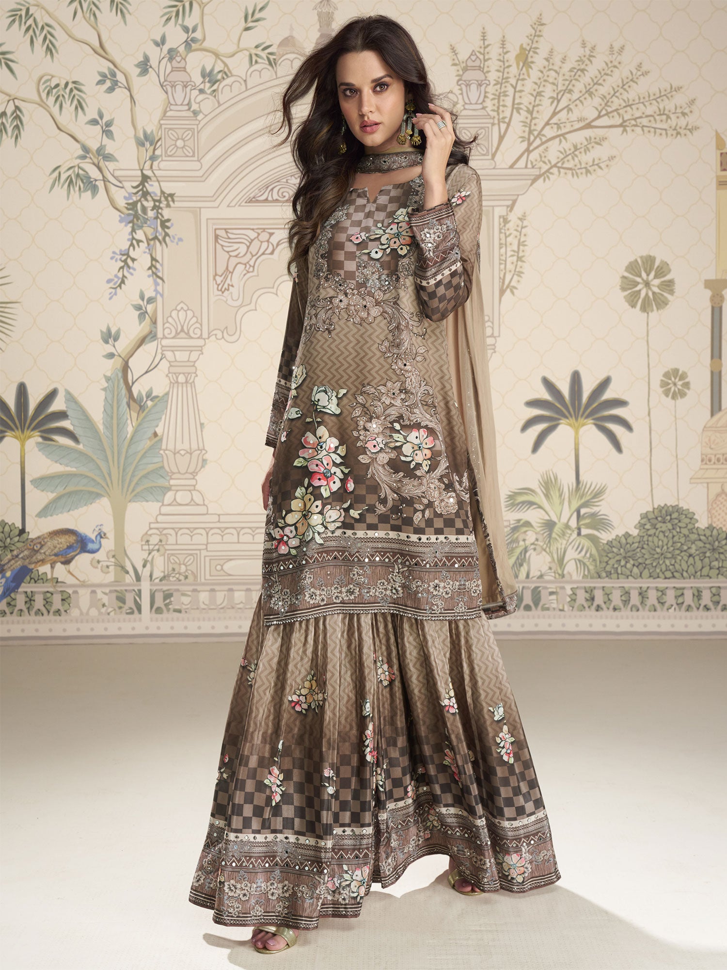 Brown Salwar Suit In Mirror Work Embellishments