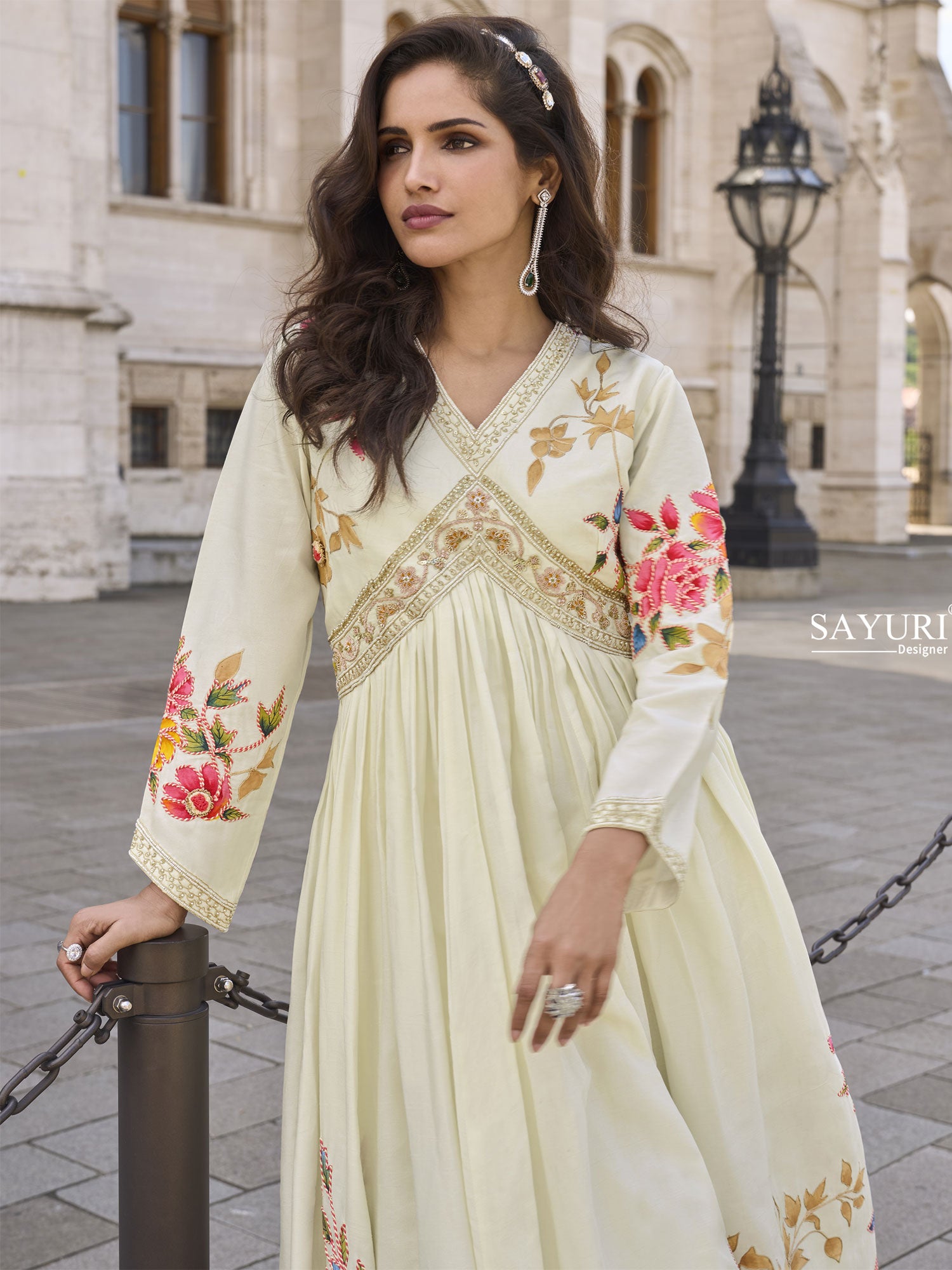 Off White Anarkali Style Suit In Floral Print