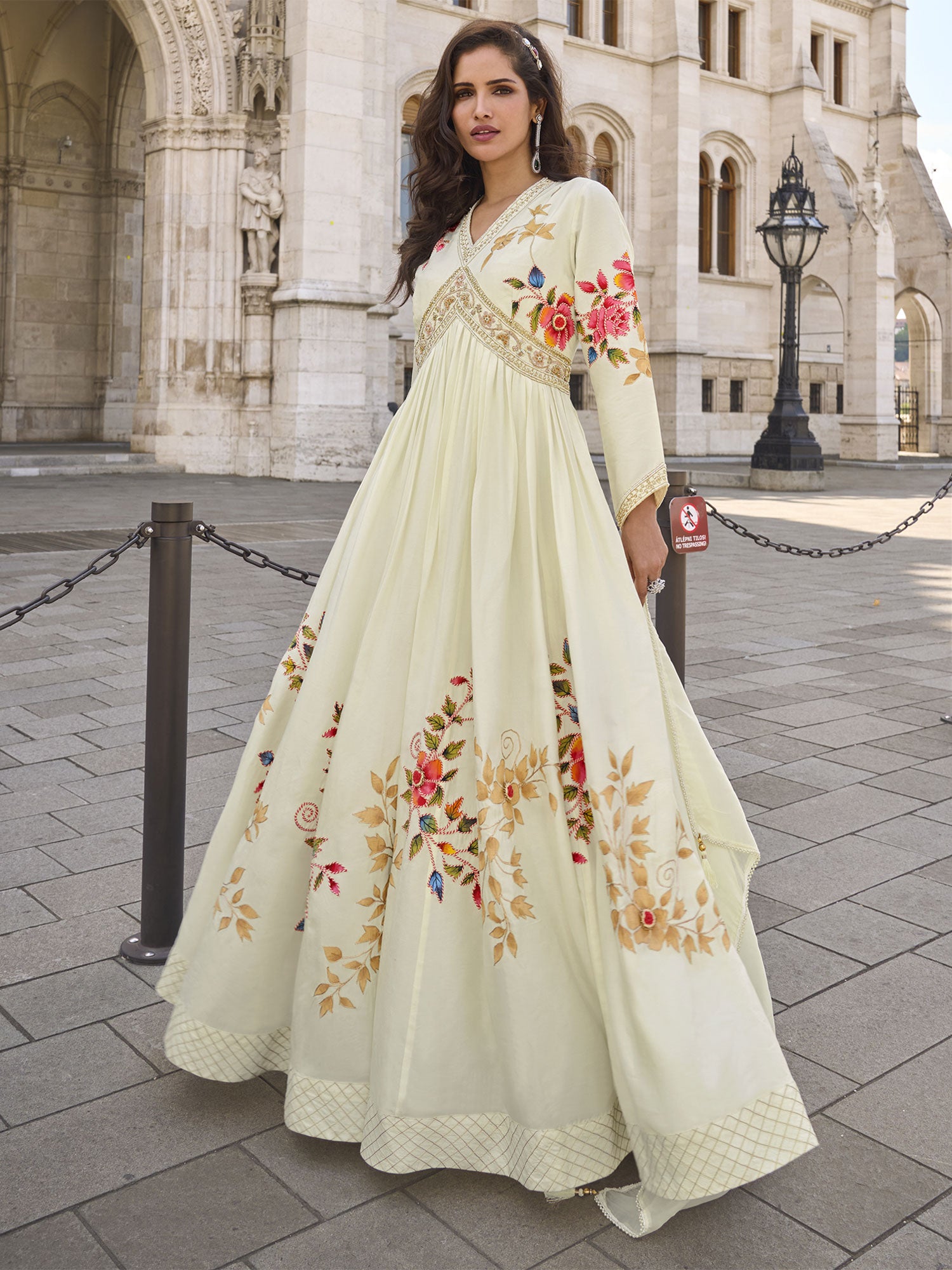 Off White Anarkali Style Suit In Floral Print