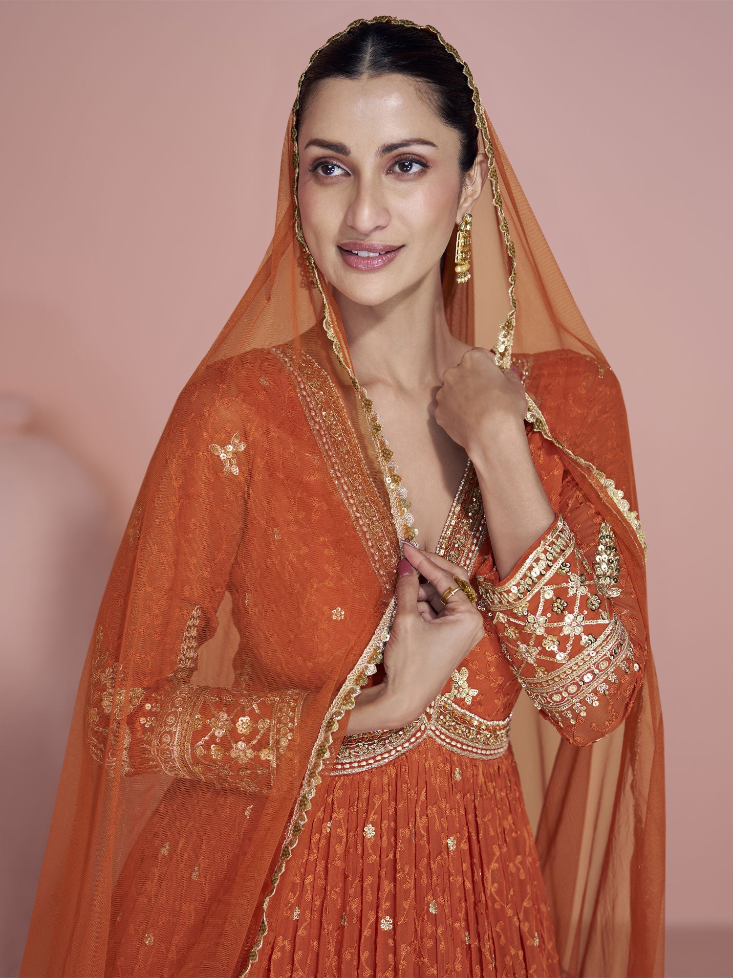 Orange Sequins Work Augmented Anarkali Suit
