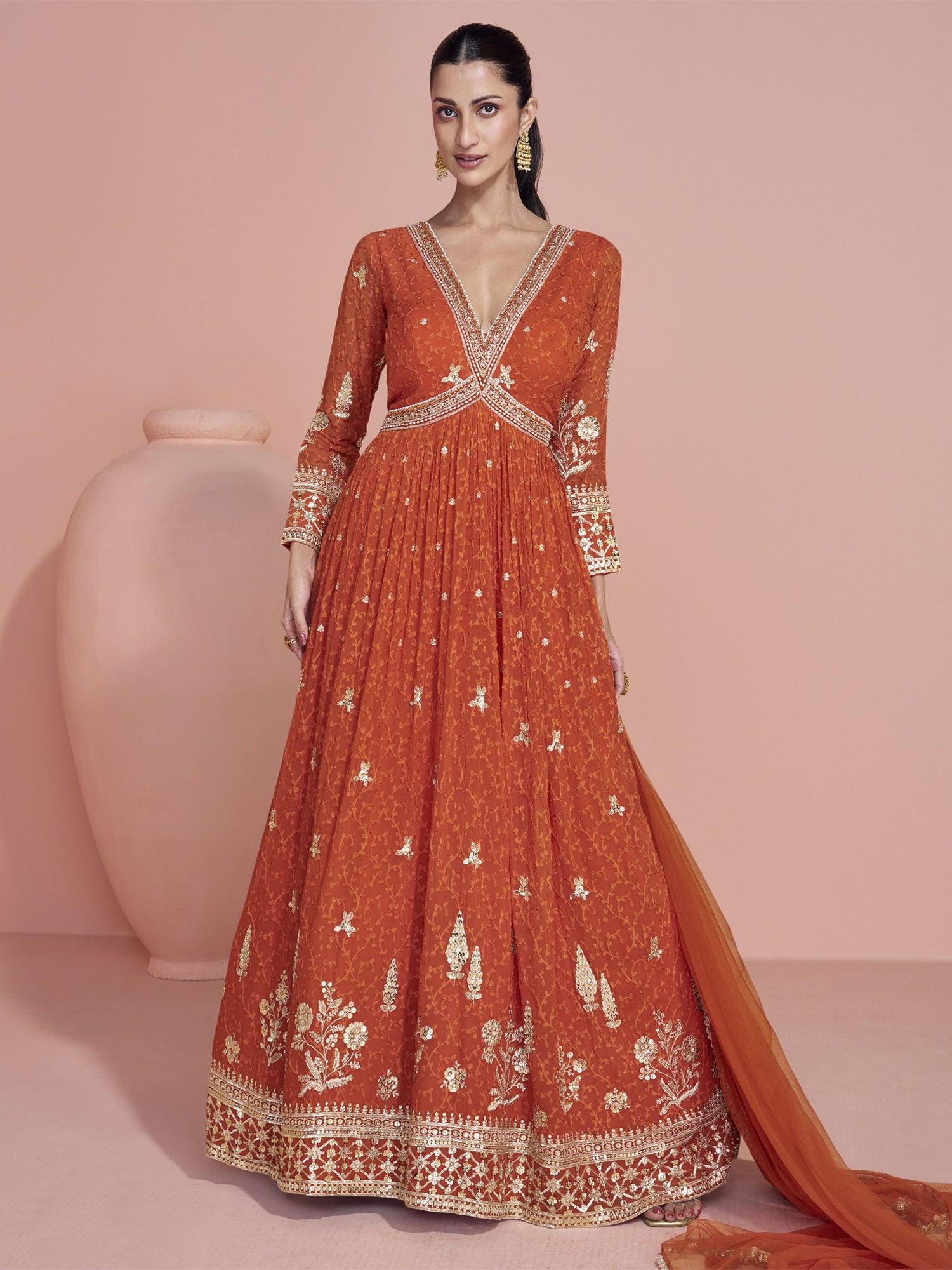 Orange Sequins Work Augmented Anarkali Suit
