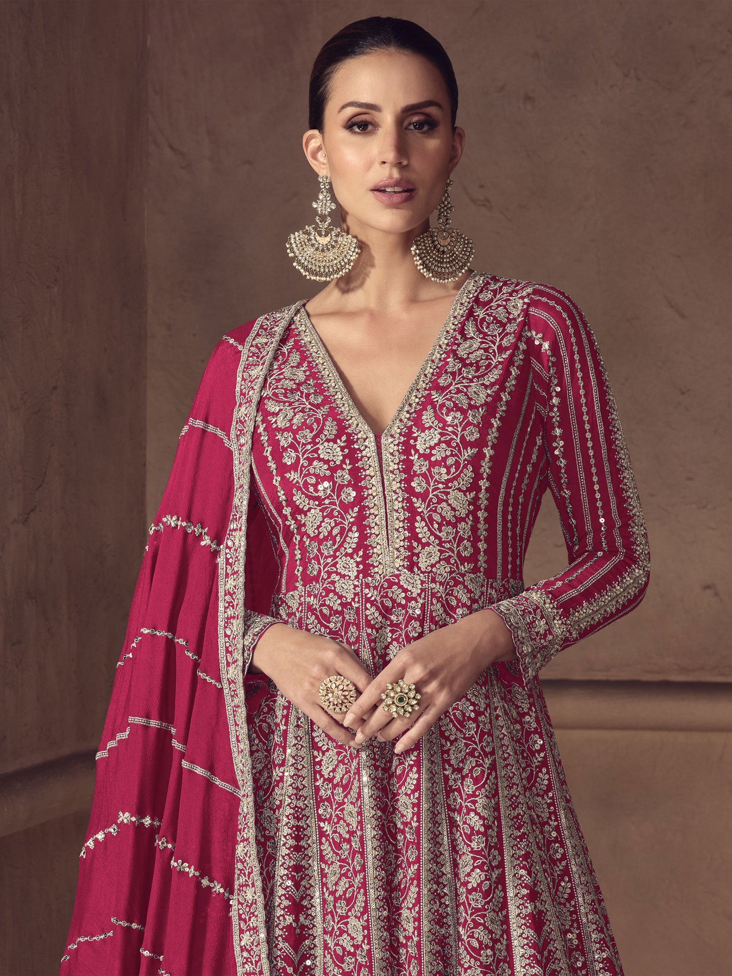 Pink Silver Zari Work Readymade Anarkali Suit