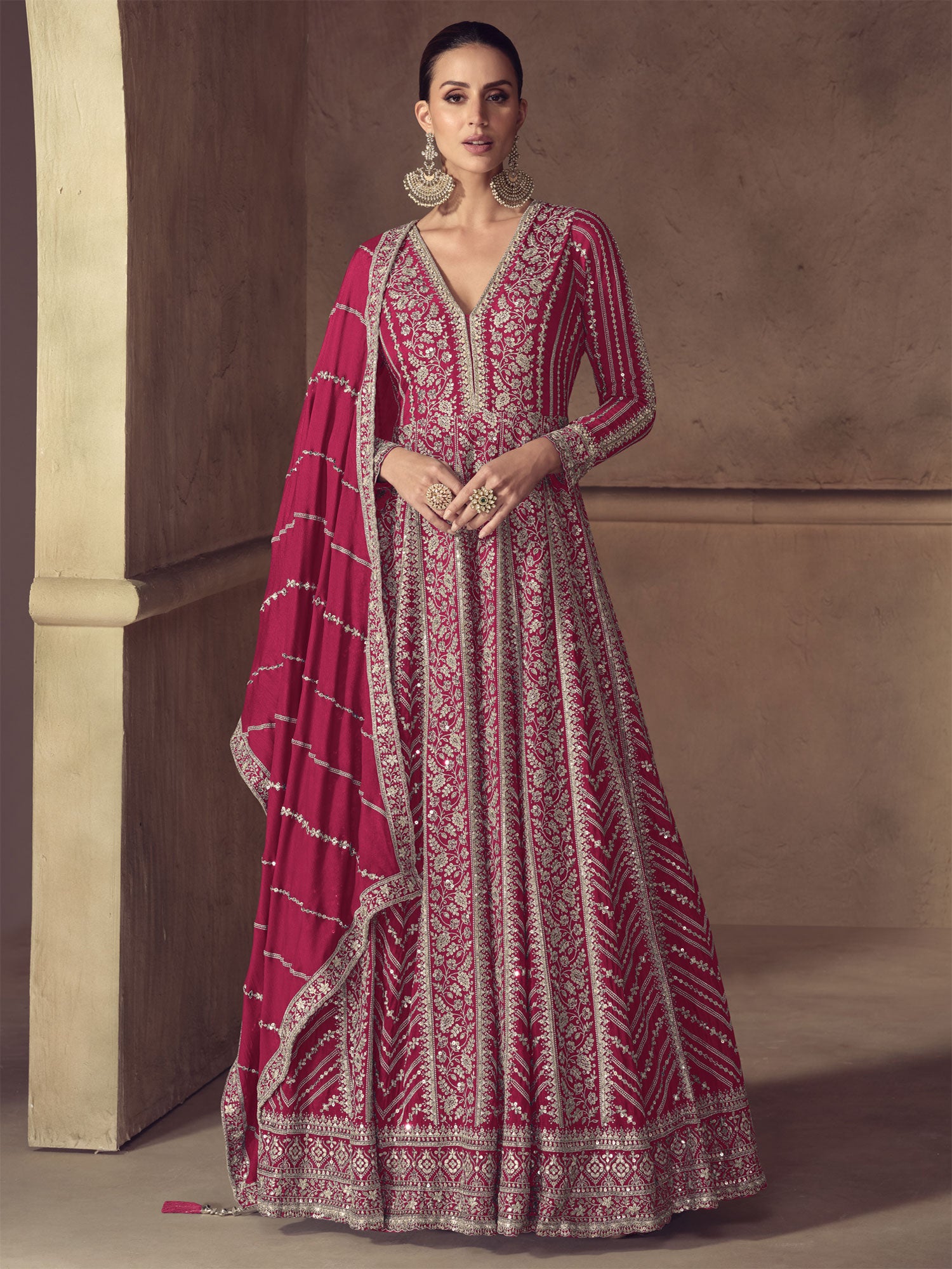 Pink Silver Zari Work Readymade Anarkali Suit