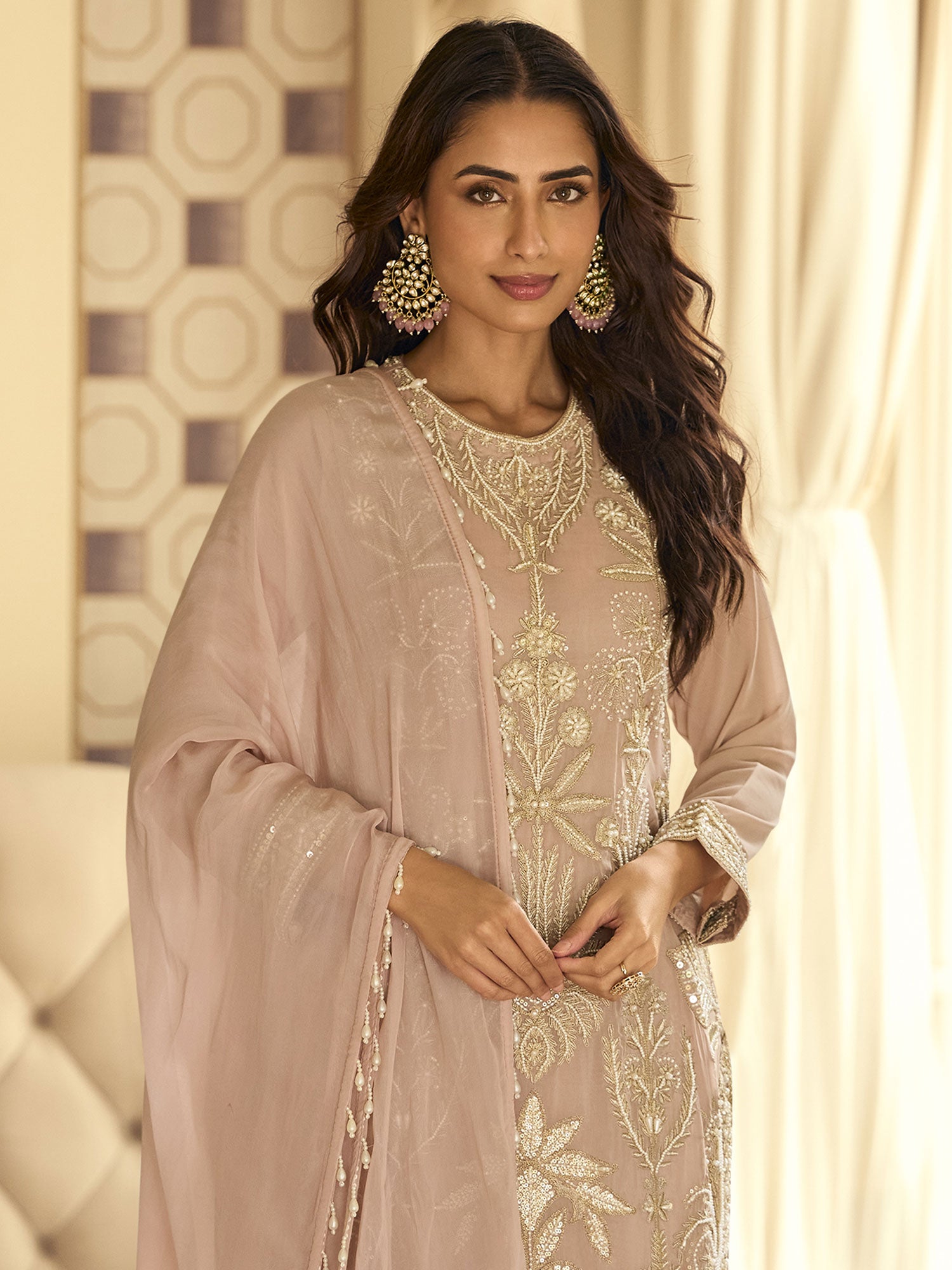 Light Peach Georgette Pakistani Style Salwar Suit