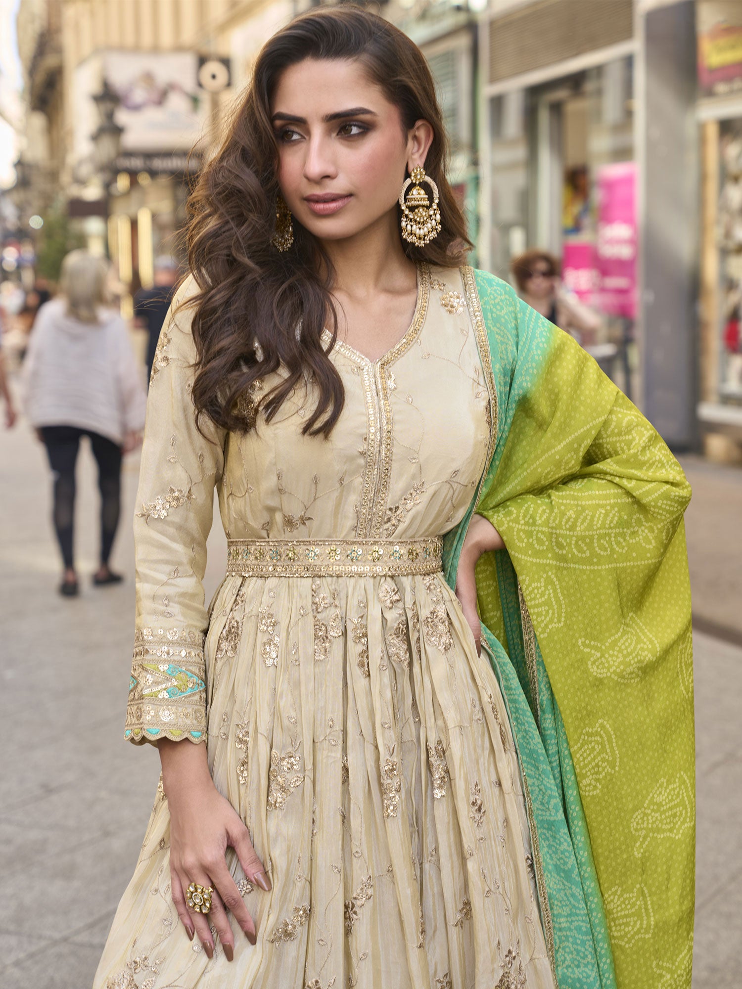 Beige Embroidered Anarkali Suit With Dupatta In Print