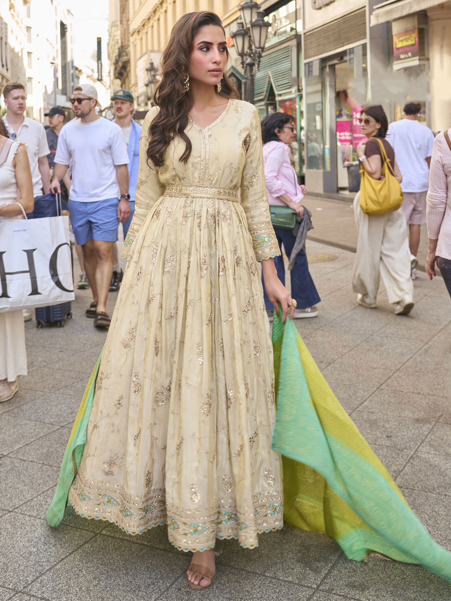 Beige Embroidered Anarkali Suit With Dupatta In Print