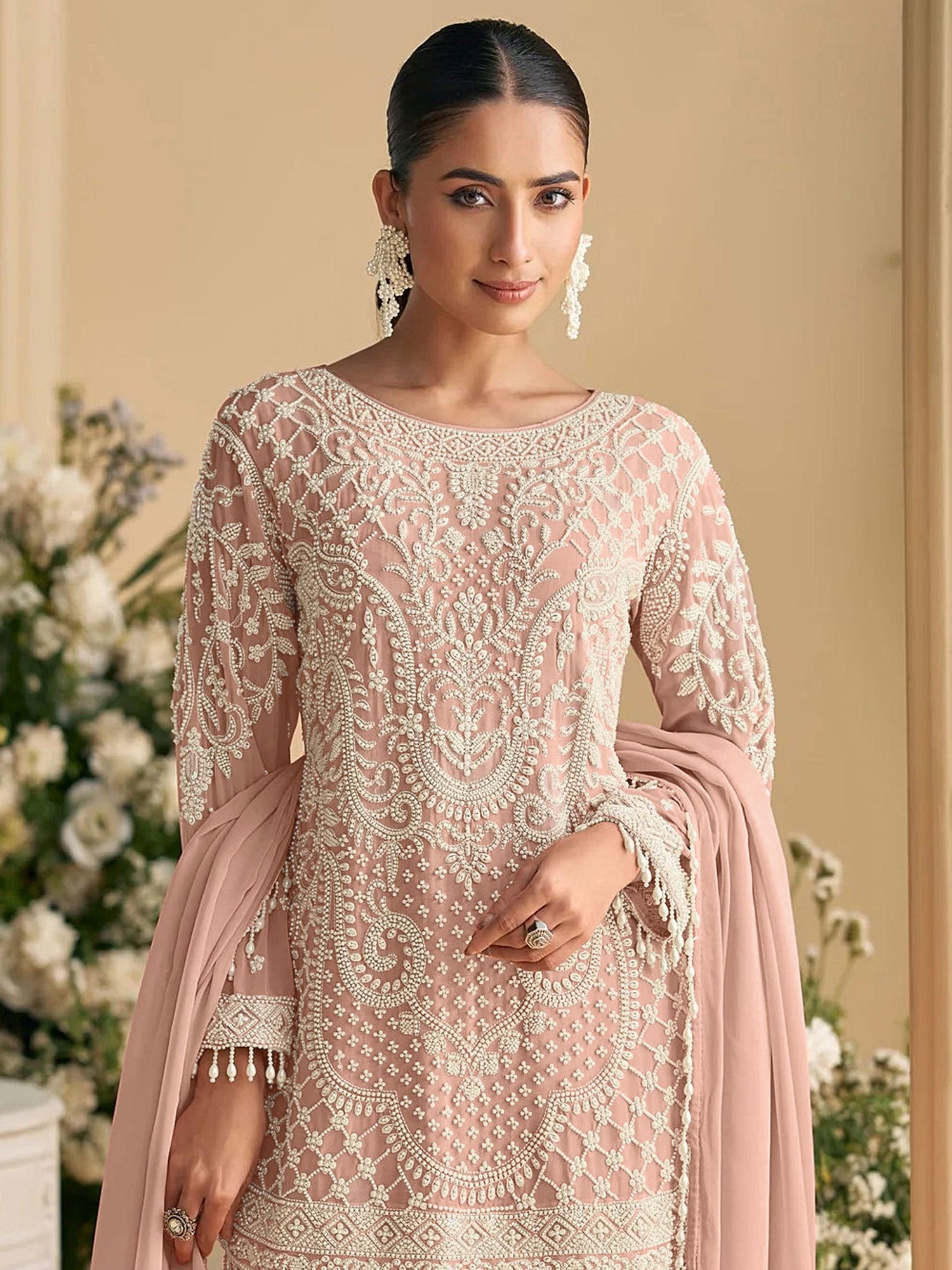 Light Peach Moti Work Embroidered Salwar Suit