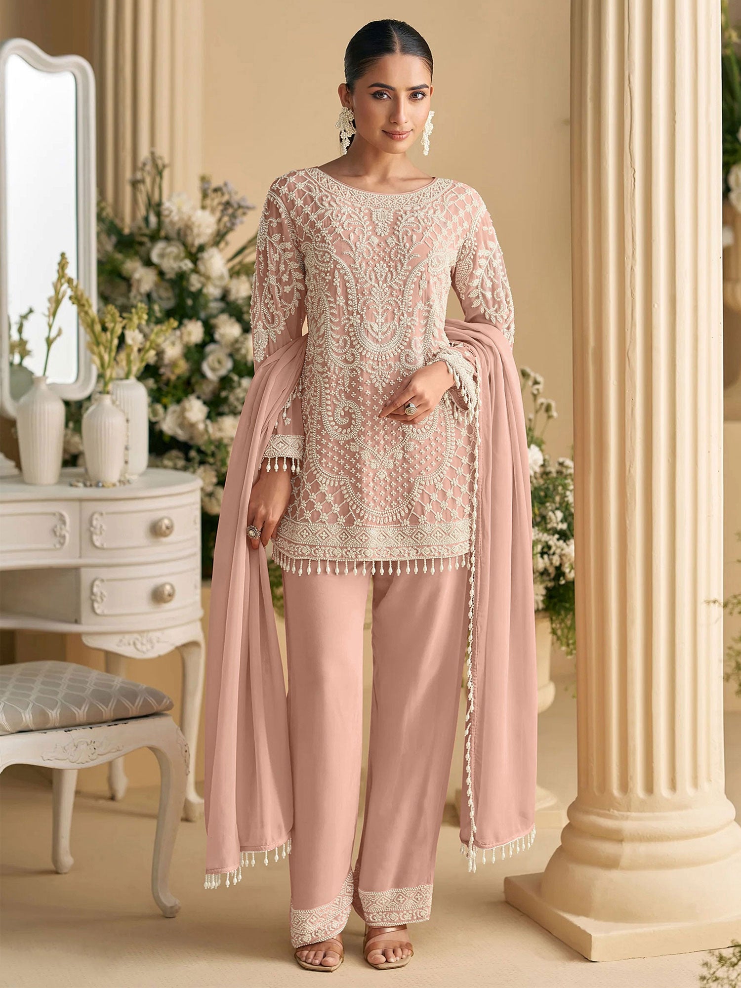 Light Peach Moti Work Embroidered Salwar Suit