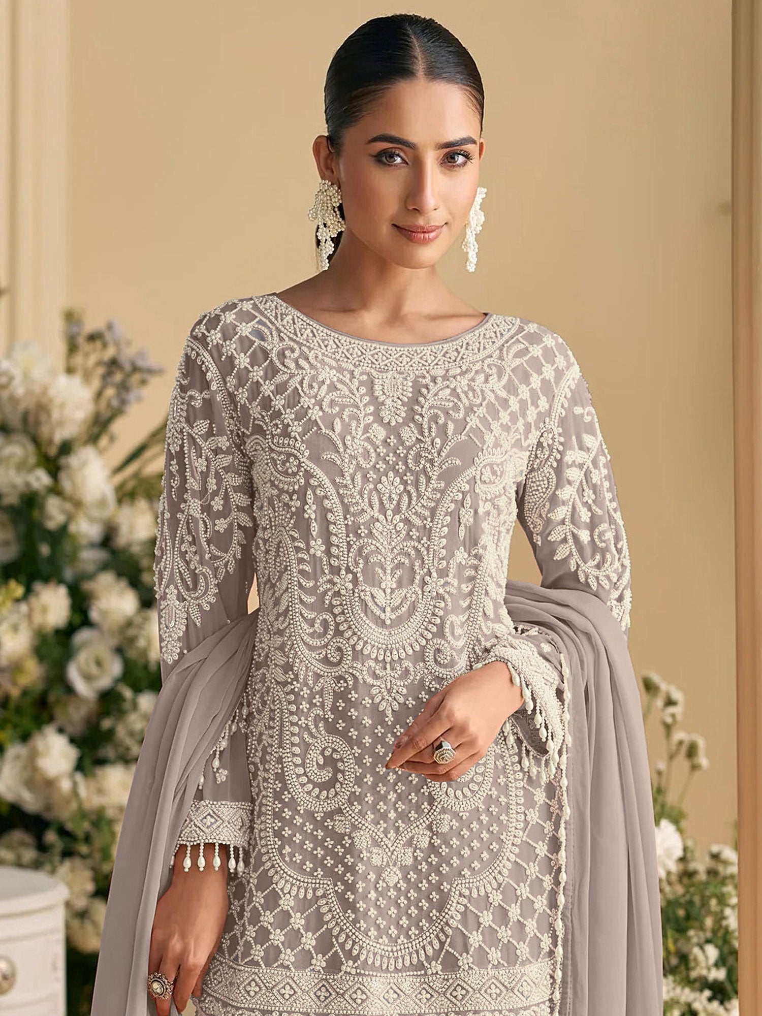 Grey Embroidered Salwar Kameez In Palazzo Style