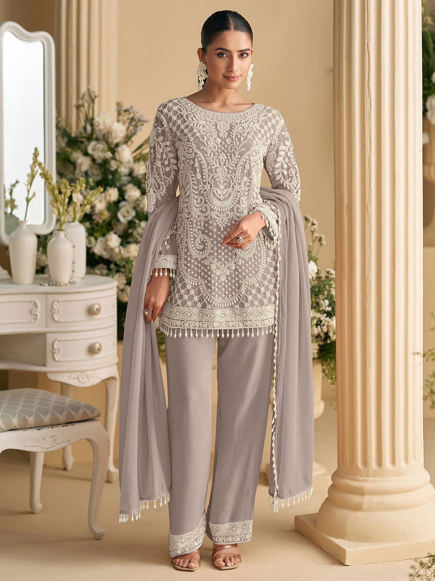 Grey Embroidered Salwar Kameez In Palazzo Style
