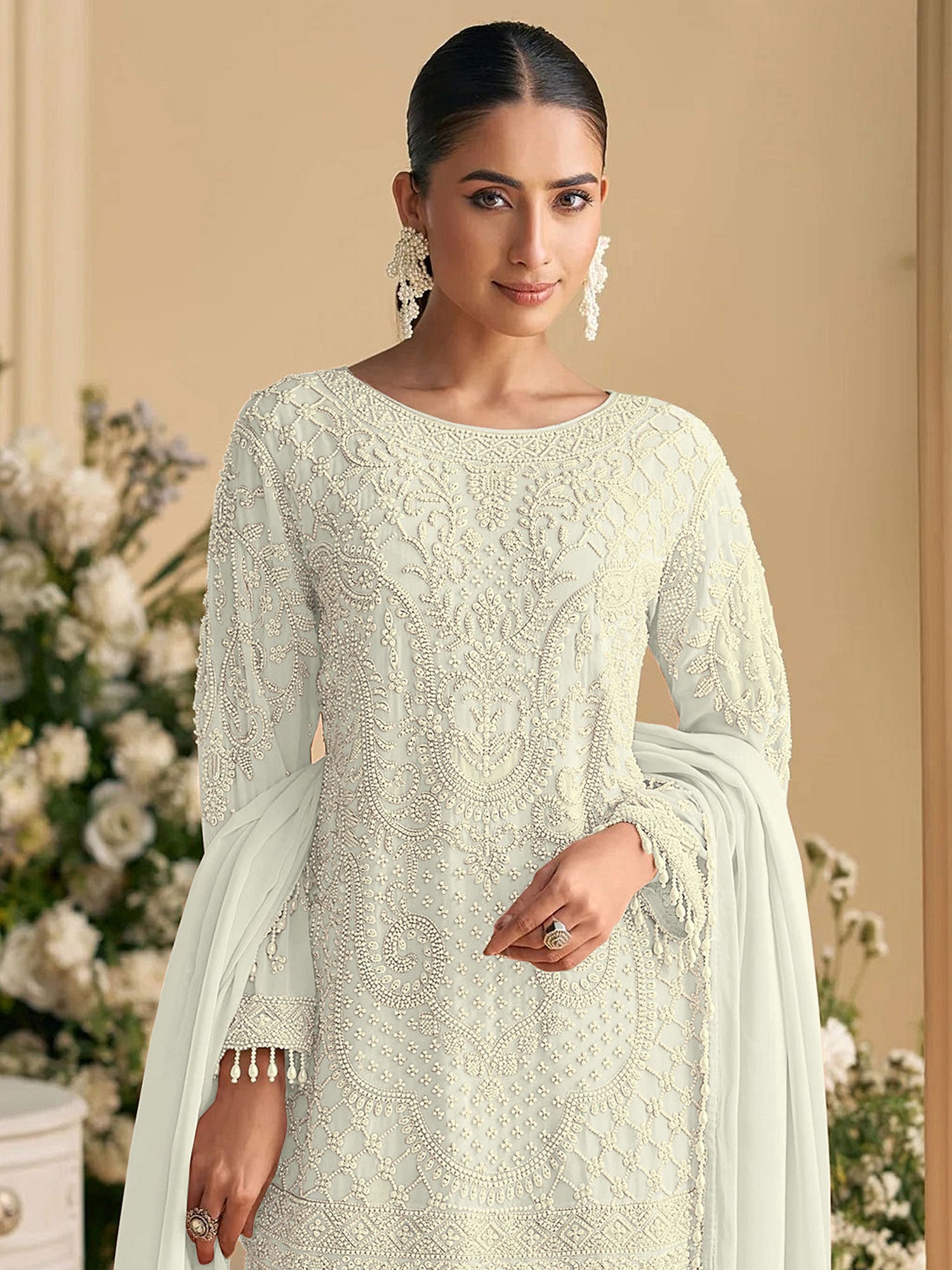 Off White Georgette Salwar Suit In Moti Work