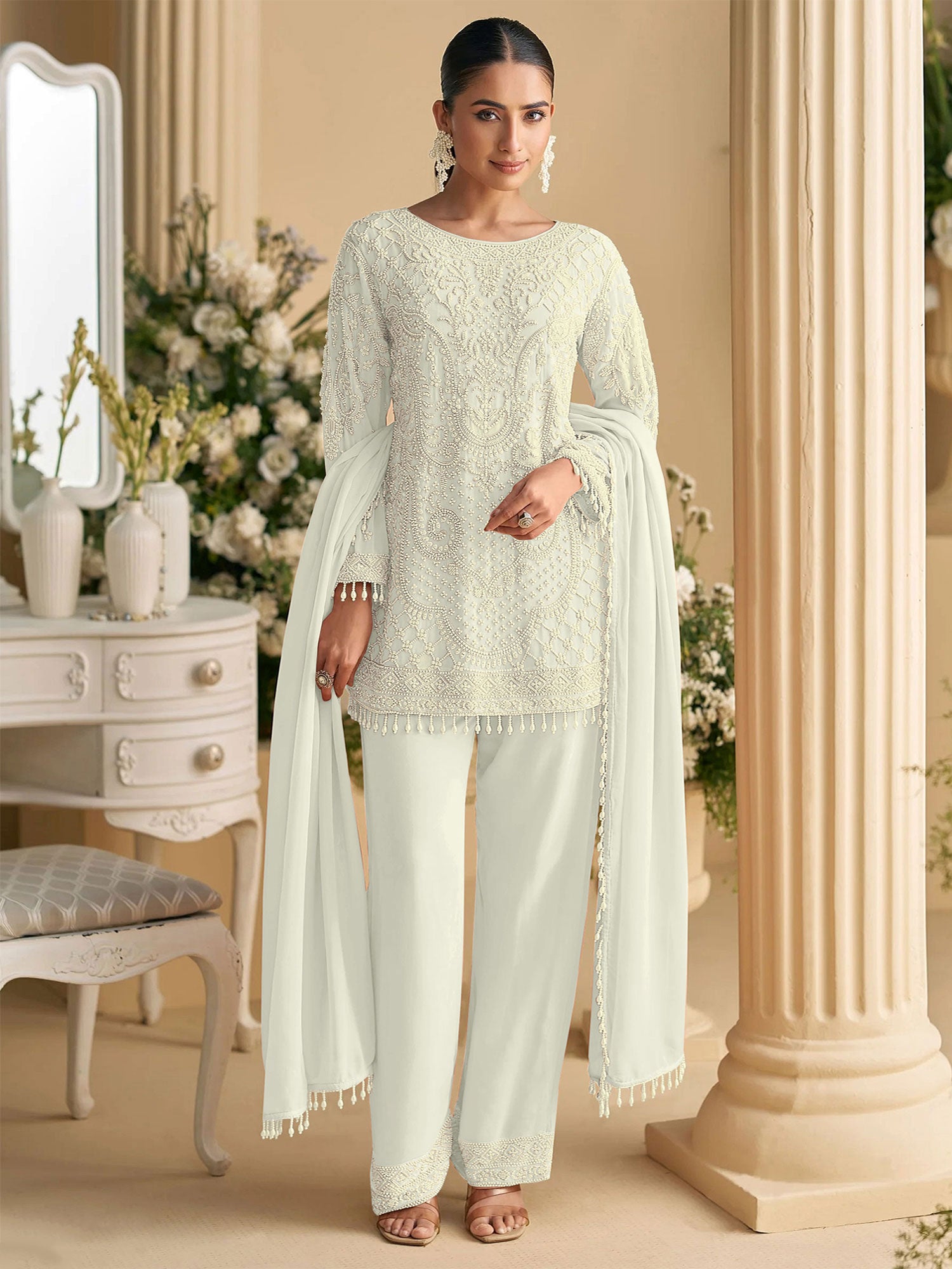 Off White Georgette Salwar Suit In Moti Work