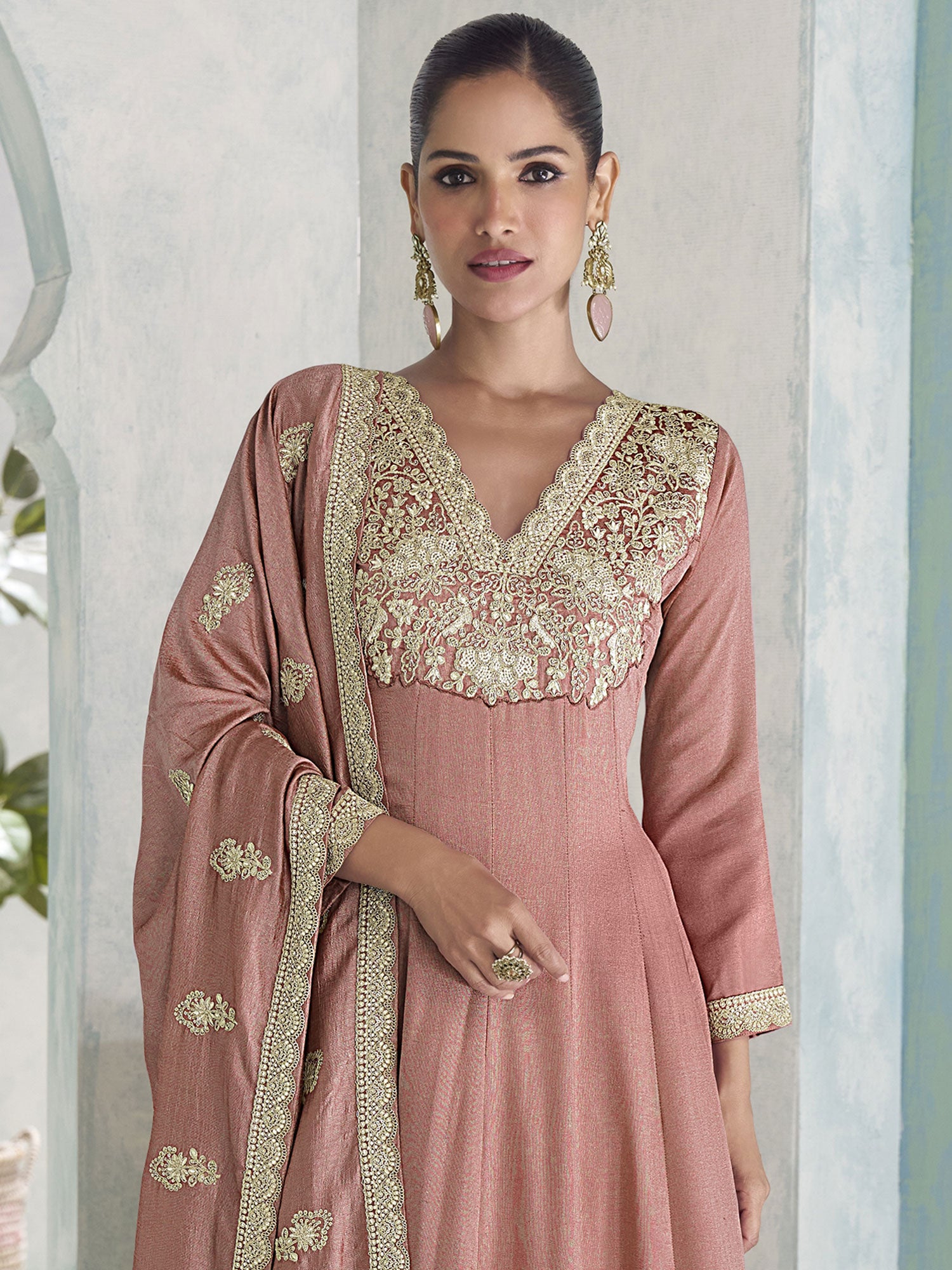 Peach Pant Style Salwar Suit With Anarkali Kameez