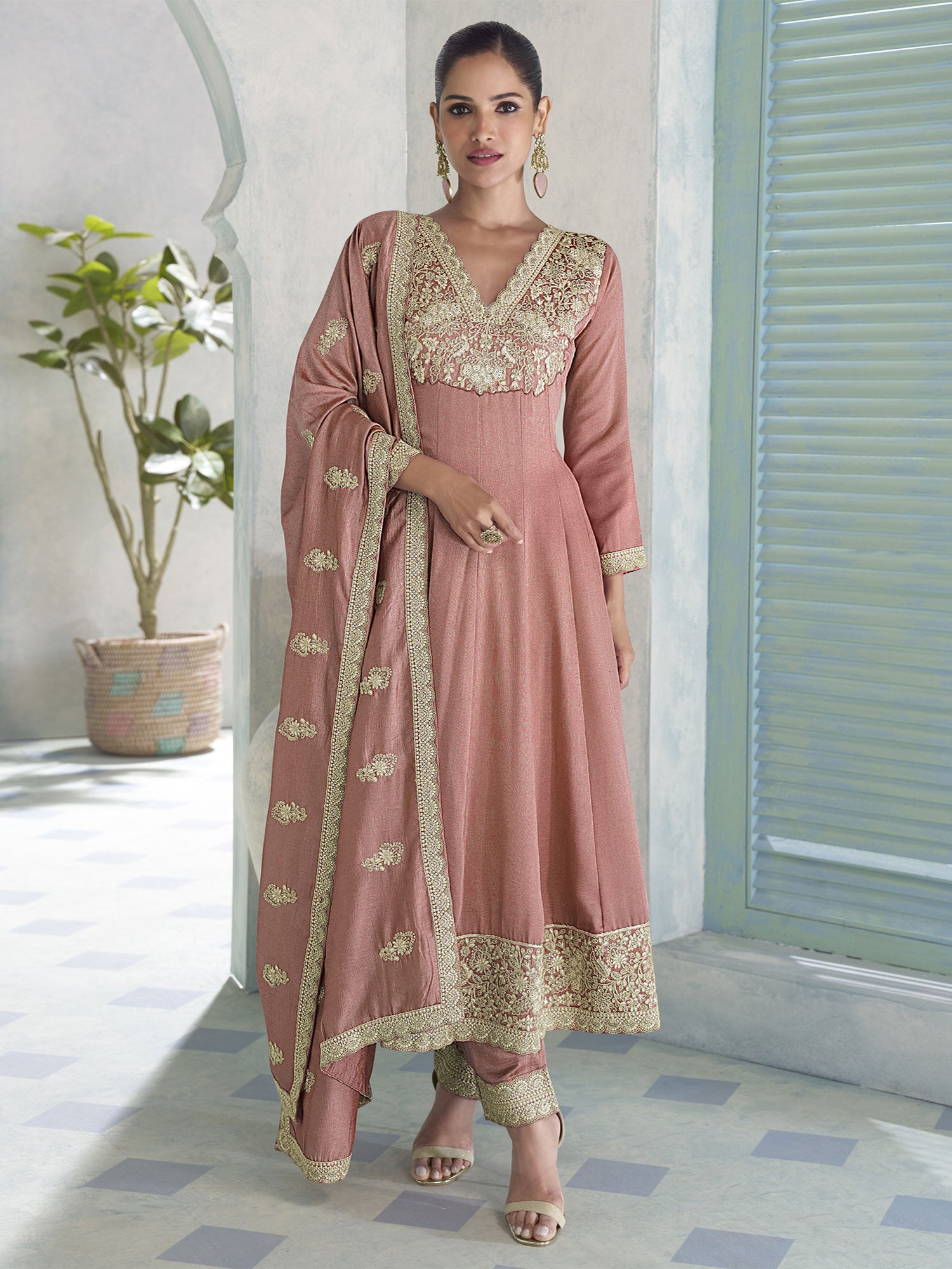 Peach Pant Style Salwar Suit With Anarkali Kameez