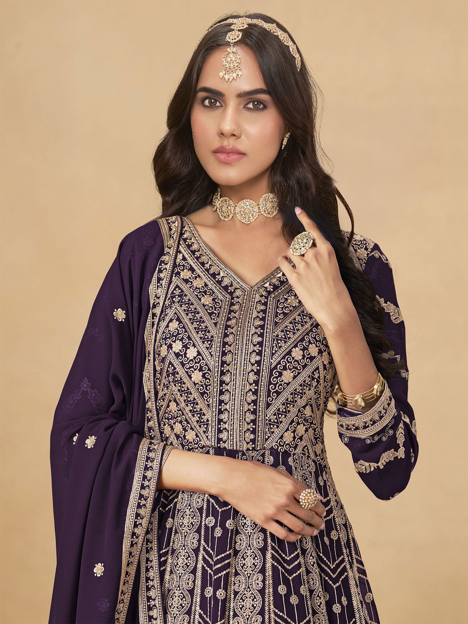 Deep Purple Party Anarkali Style Salwar Kameez