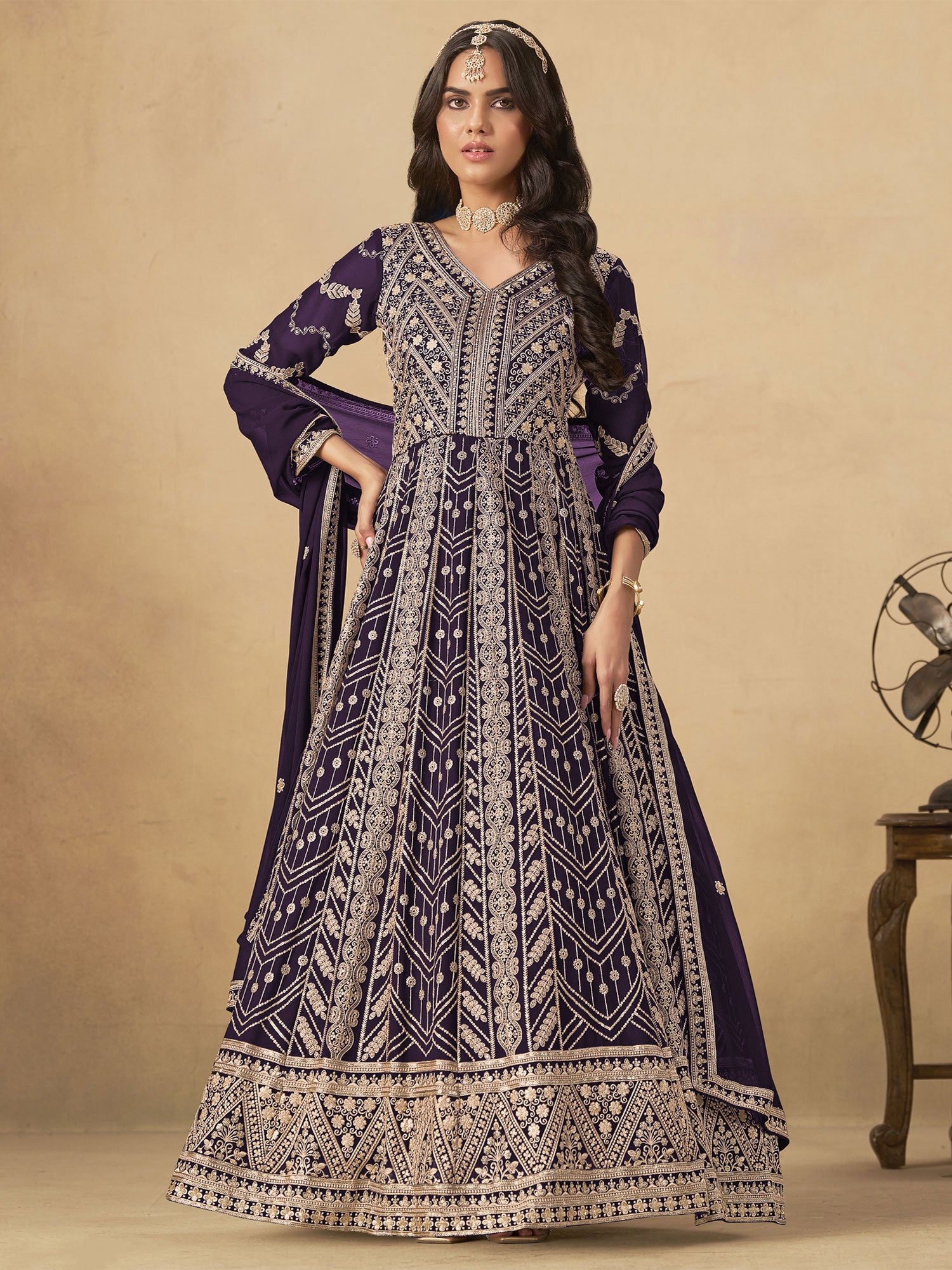 Deep Purple Party Anarkali Style Salwar Kameez