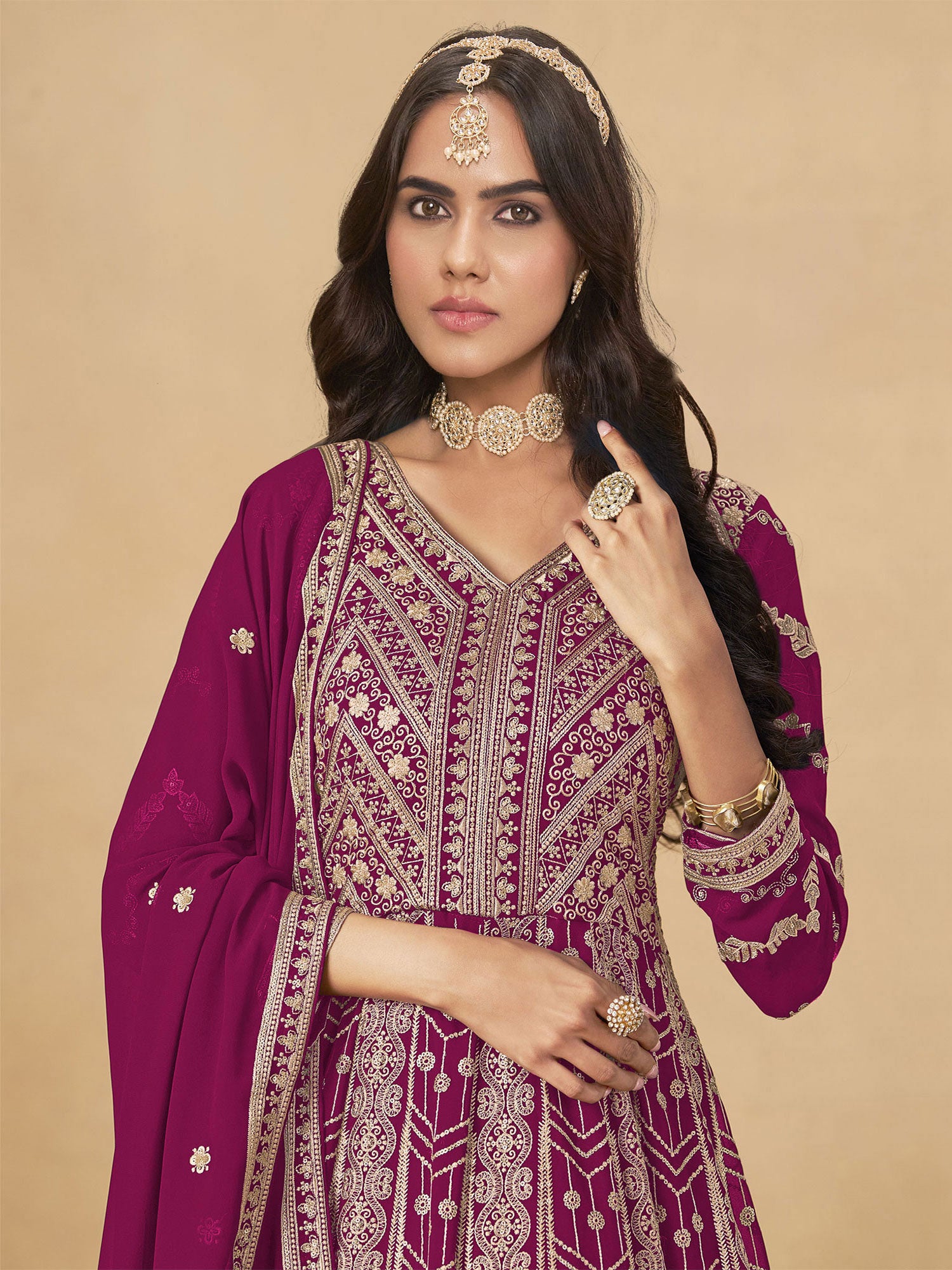 Magenta Embroidered Georgette Anarkali Style Suit