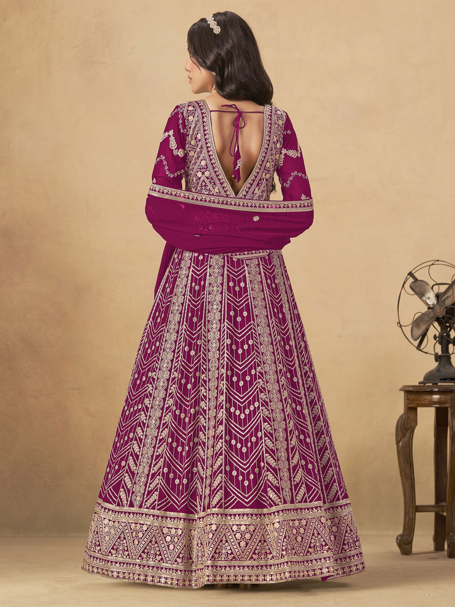 Magenta Embroidered Georgette Anarkali Style Suit