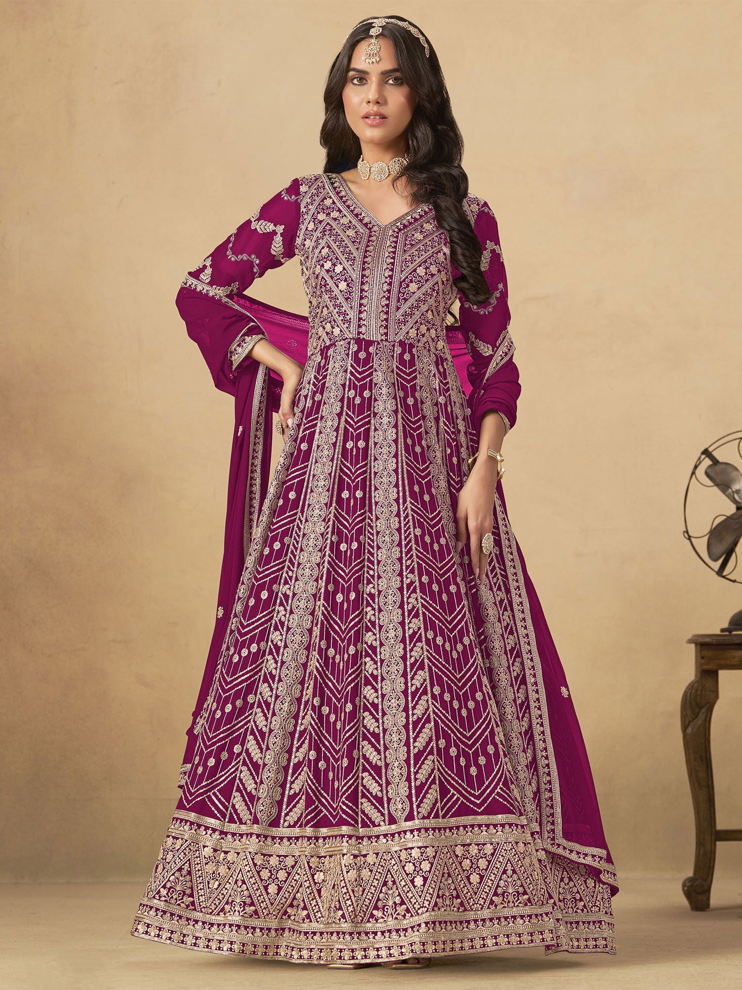 Magenta Embroidered Georgette Anarkali Style Suit