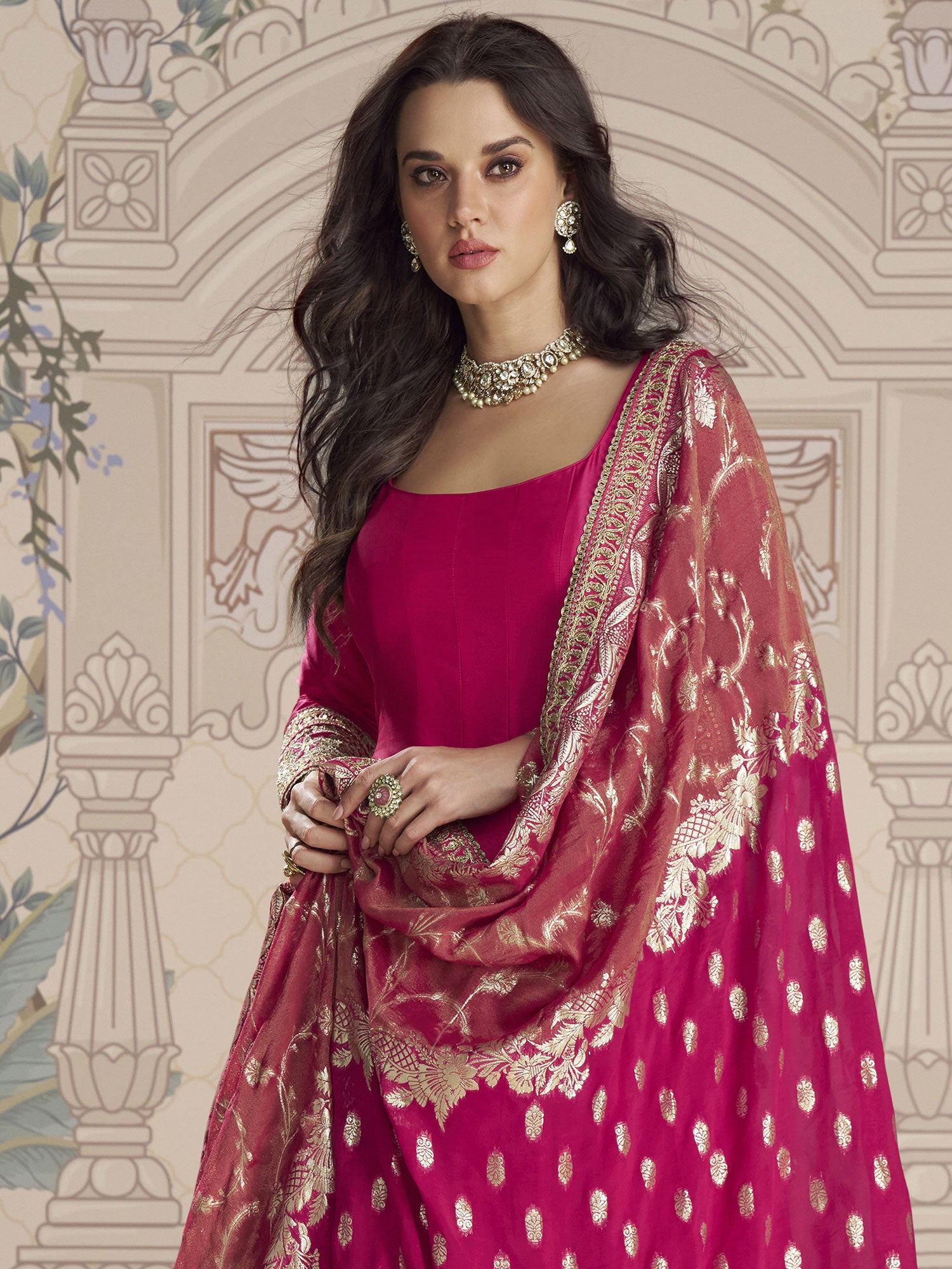Rani Pink Party Wear Anarkali Suit With Dupatta