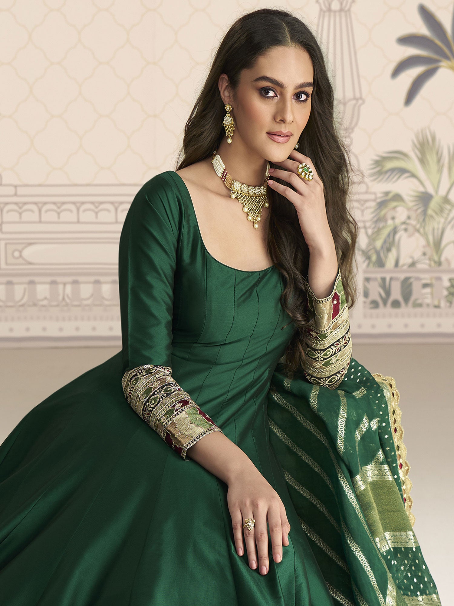 Dark Green Silk  Salwar Kameez In Anarkali Style