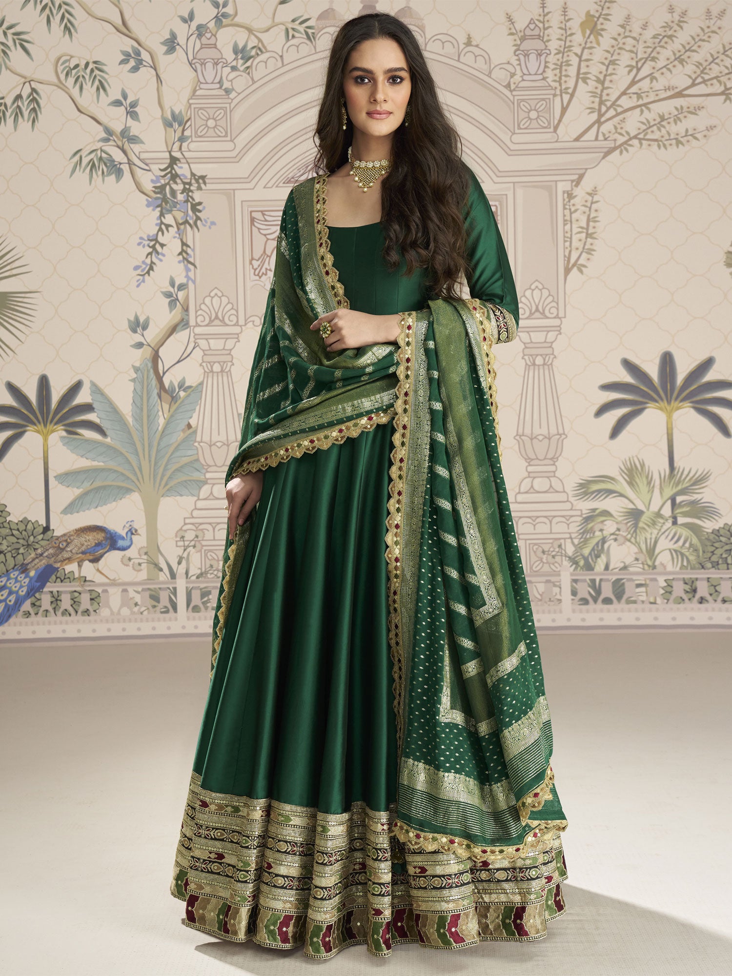 Dark Green Silk  Salwar Kameez In Anarkali Style
