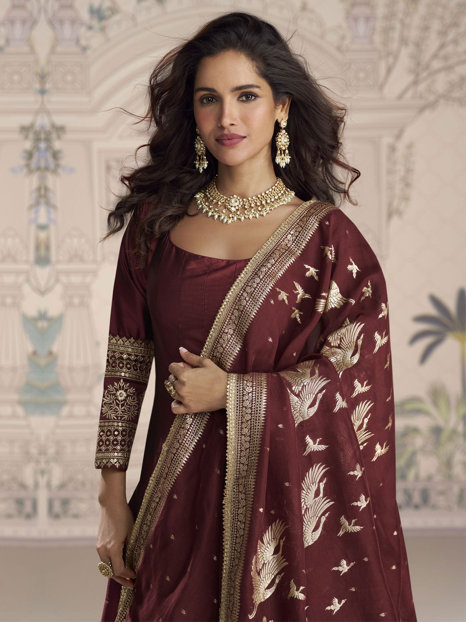 Maroon Anarkali Style Salwar Suit In Vichitra Silk