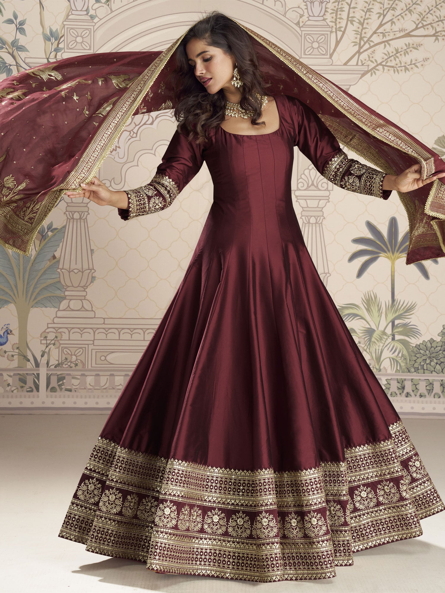 Maroon Anarkali Style Salwar Suit In Vichitra Silk