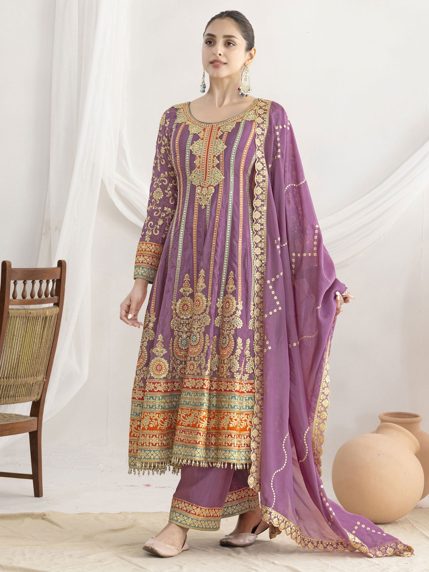 Purple Pant Style Salwar Suit With Anarkali Kameez