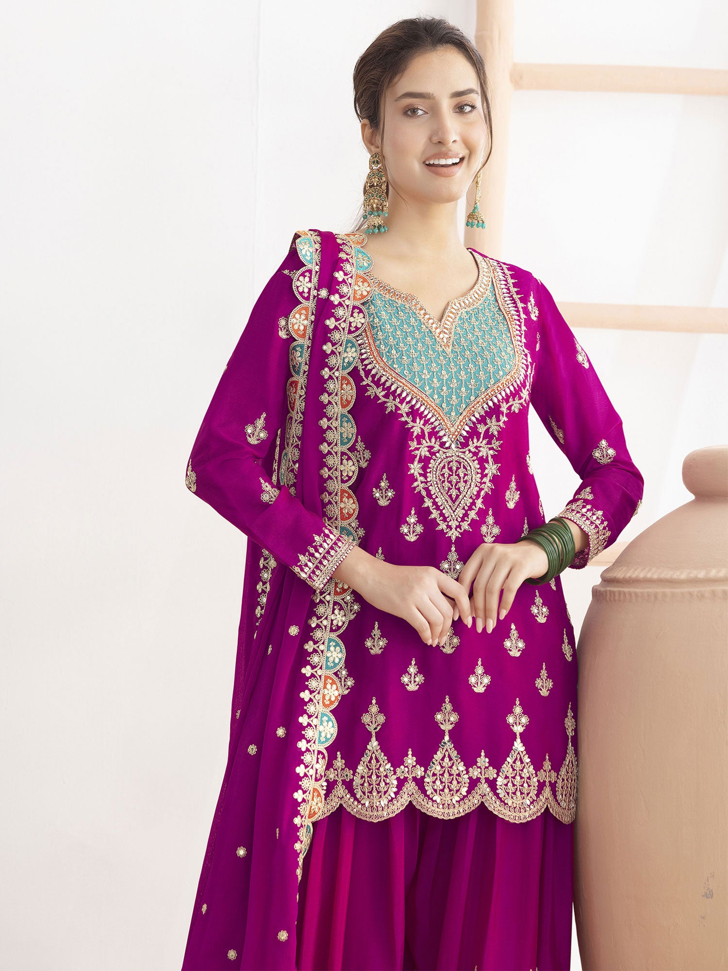 Magenta Palazzo Suit In Mirror Embellishment