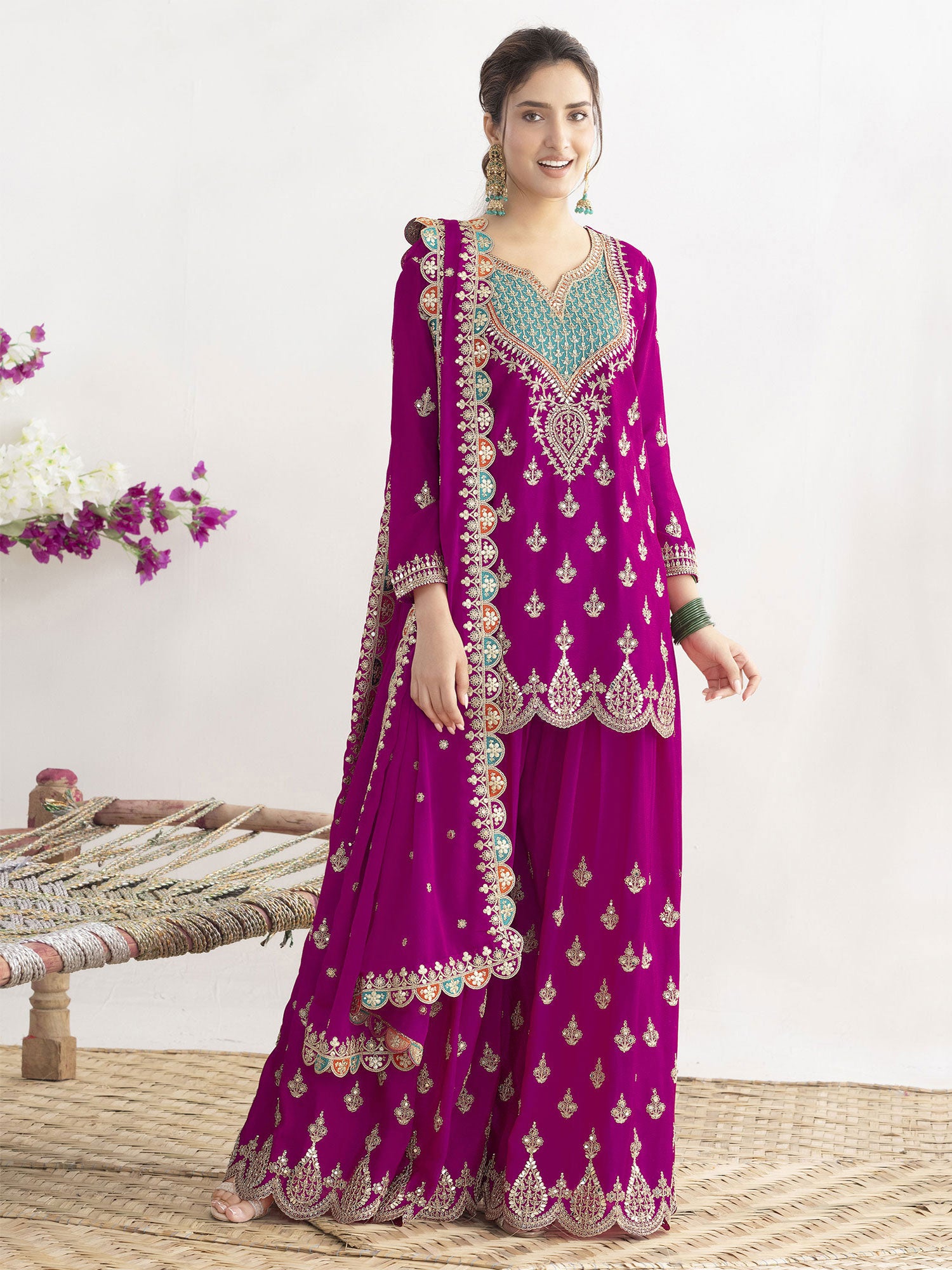 Magenta Palazzo Suit In Mirror Embellishment