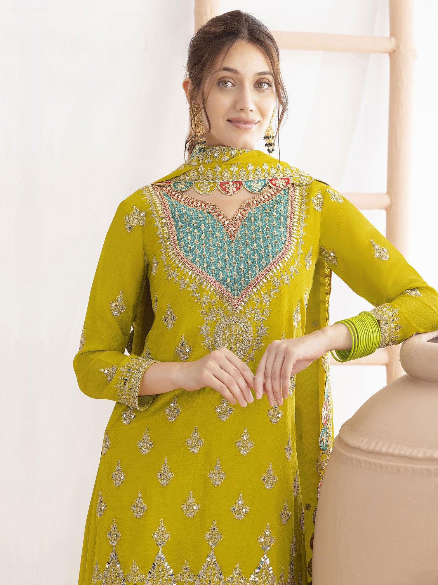 Lemon Yellow Zari Work Palazzo Style Salwar Suit